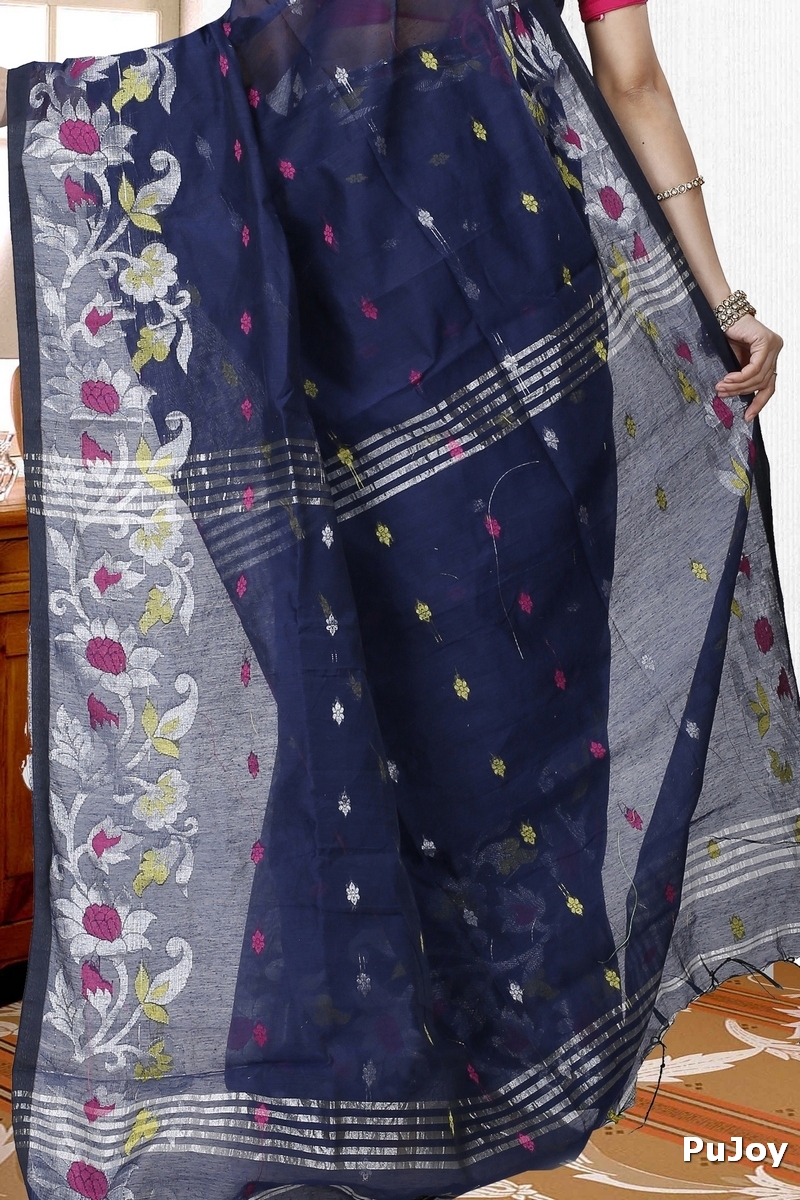 Dark Blue Blended Cotton Nisa Hand Loom Saree (1370)