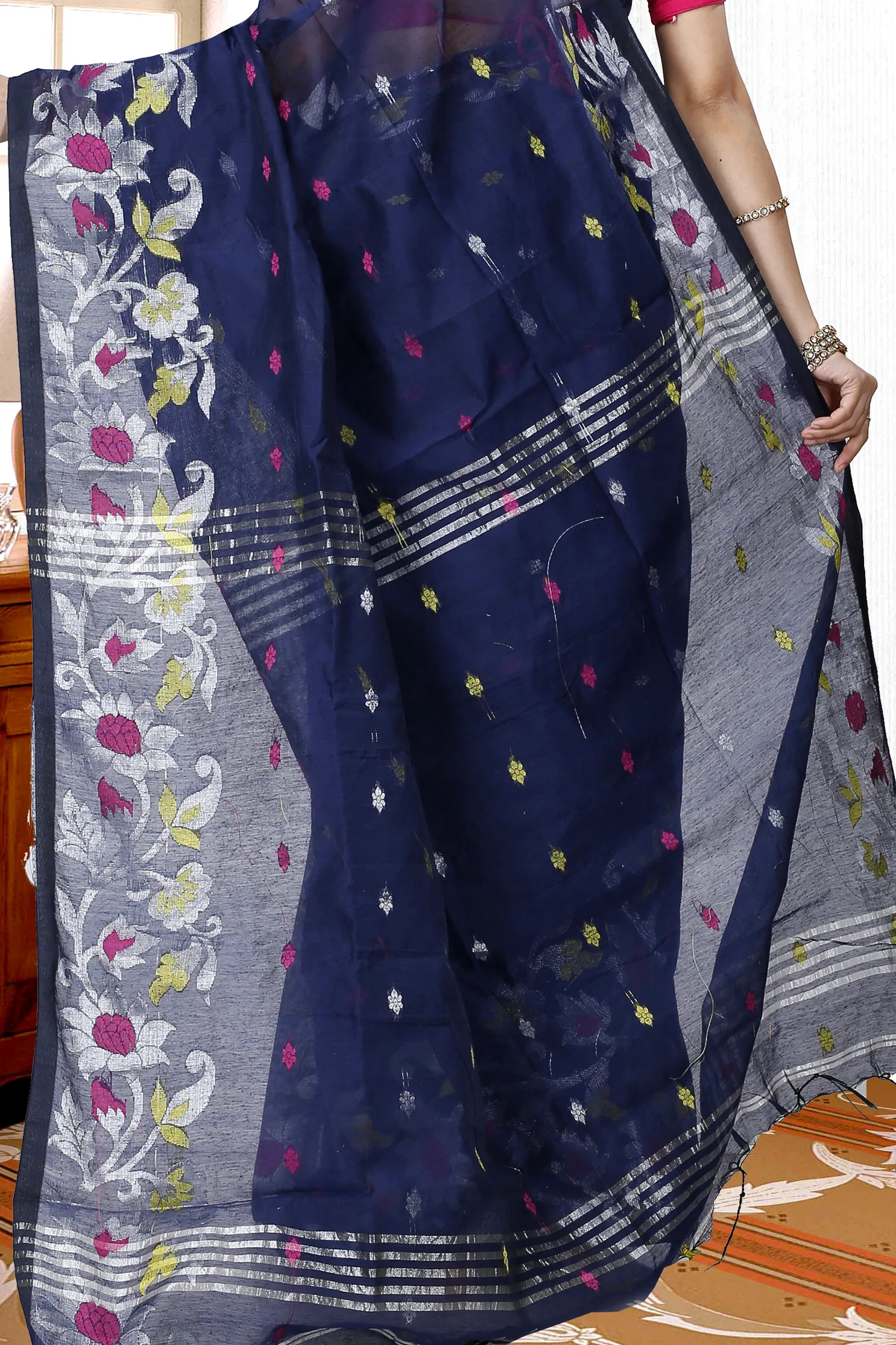 Dark Blue Blended Cotton Nisa Hand Loom Saree (1370)