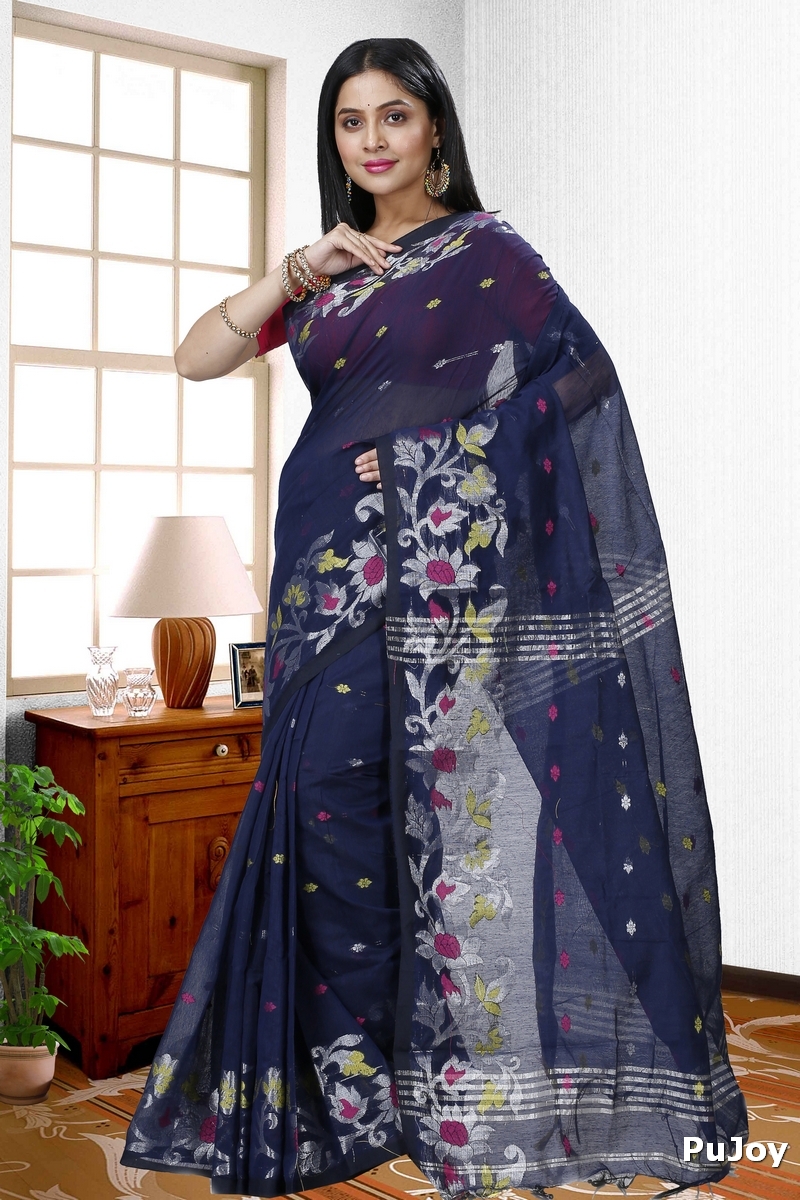 Dark Blue Blended Cotton Nisa Hand Loom Saree (1370)