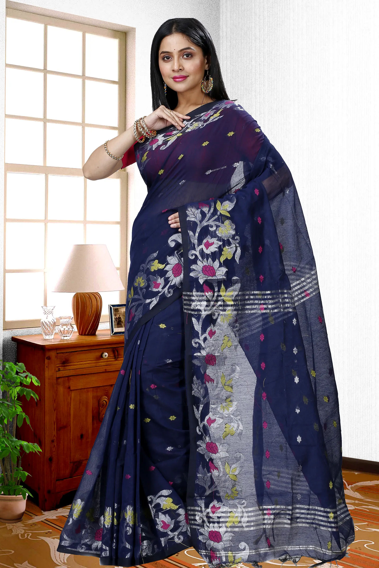 Dark Blue Blended Cotton Nisa Hand Loom Saree (1370)