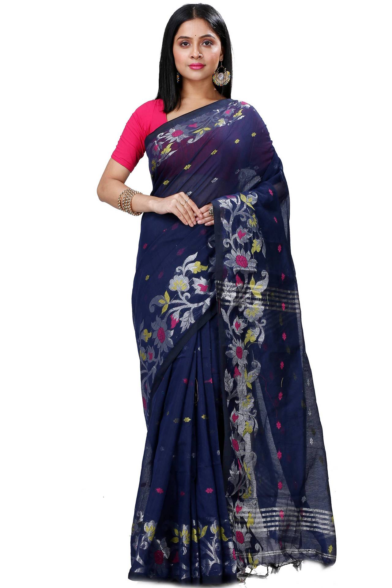 Dark Blue Blended Cotton Nisa Hand Loom Saree (1370)