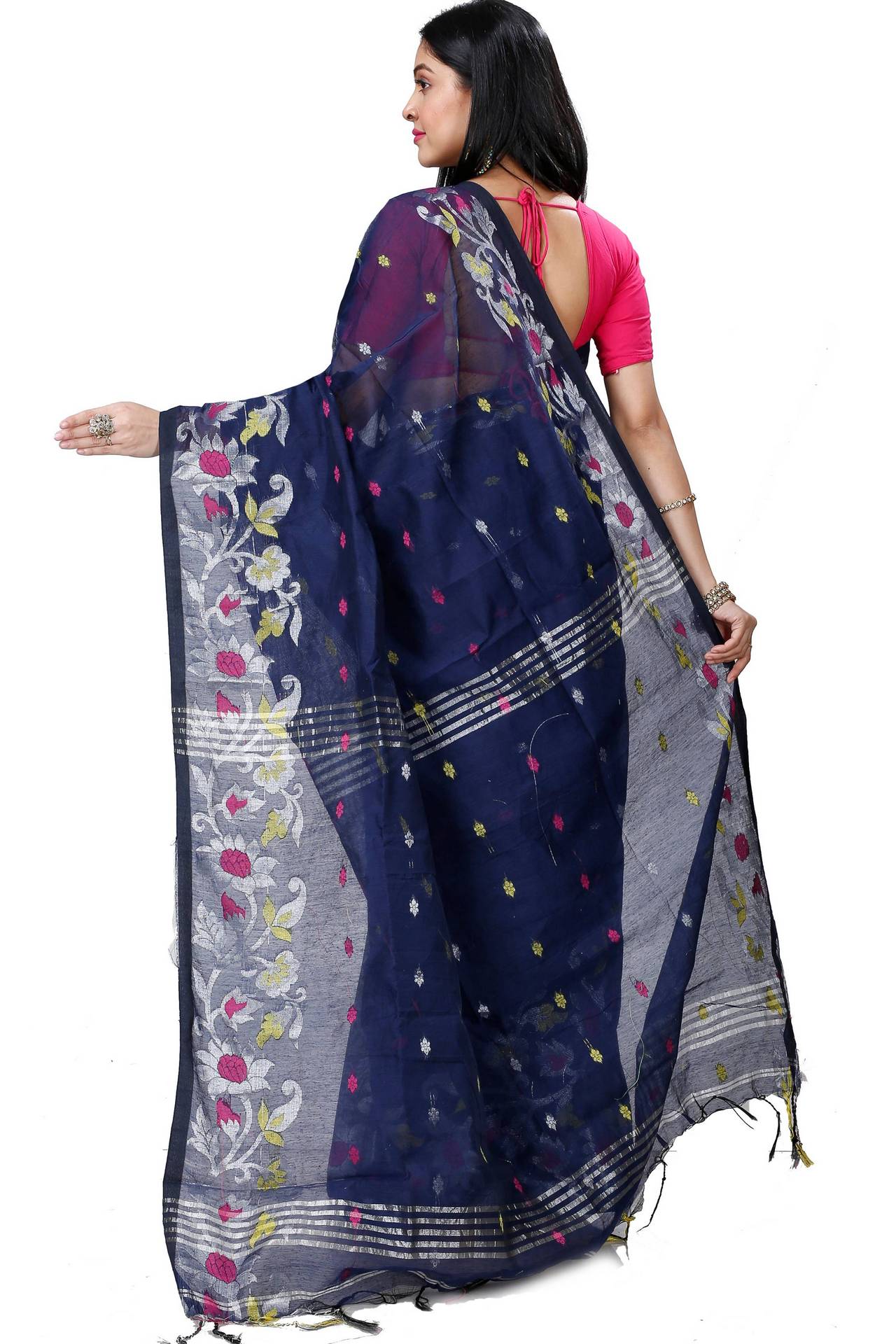 Dark Blue Blended Cotton Nisa Hand Loom Saree (1370)