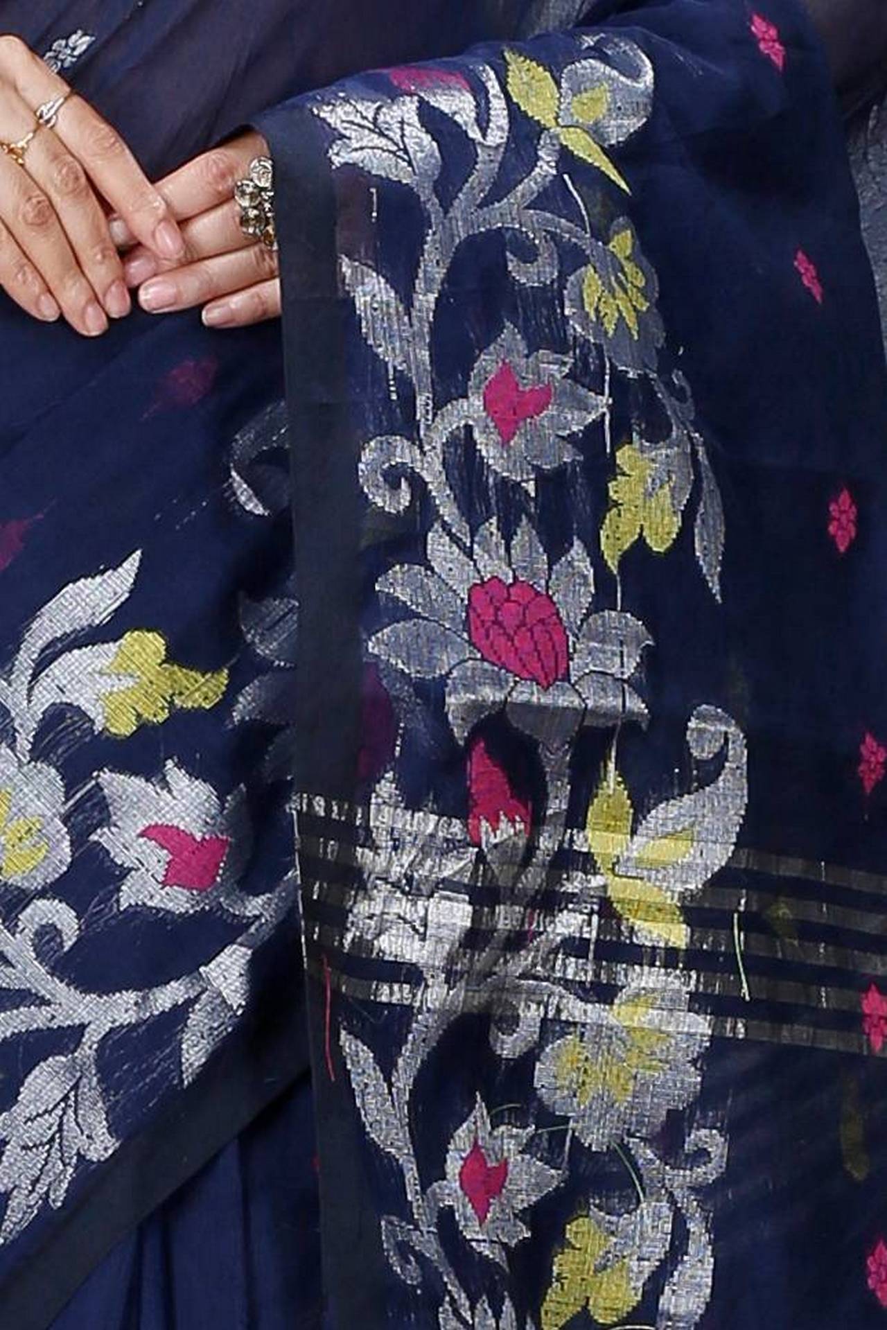 Dark Blue Blended Cotton Nisa Hand Loom Saree (1370)