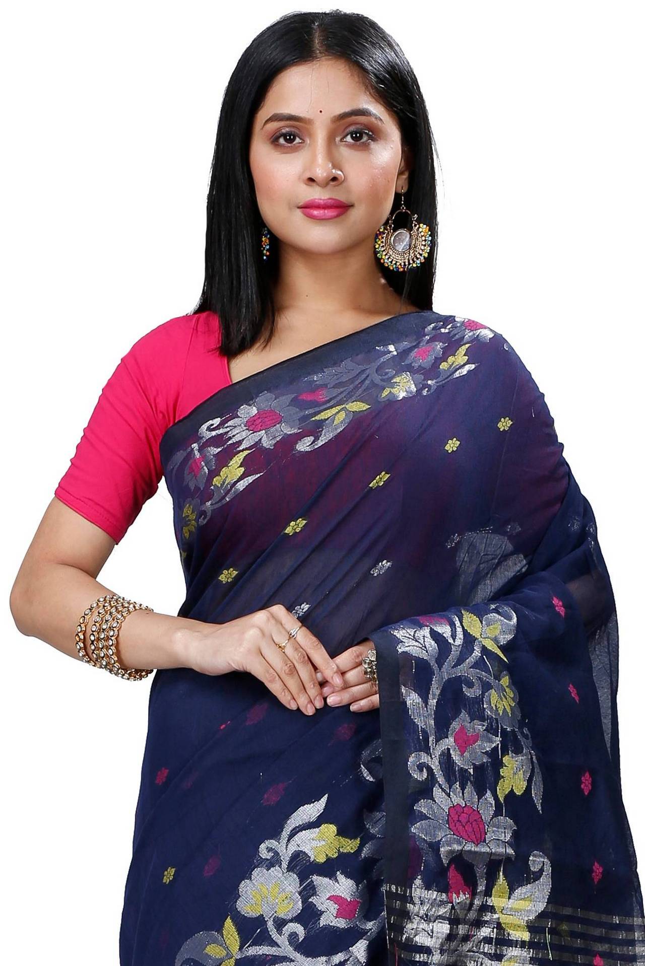 Dark Blue Blended Cotton Nisa Hand Loom Saree (1370)
