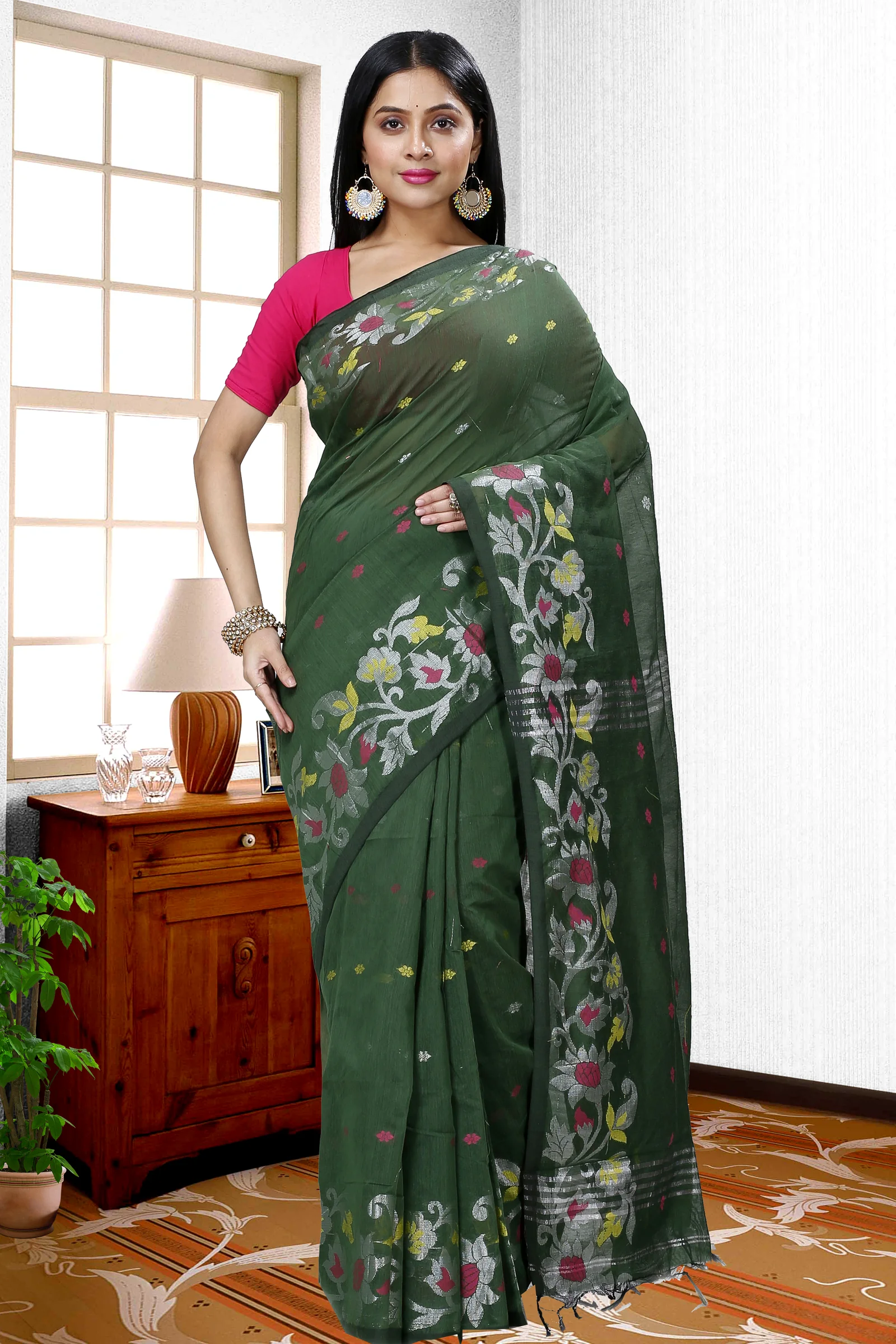 Botel Green Blended Cotton Nisa Hand Loom Saree (1371)