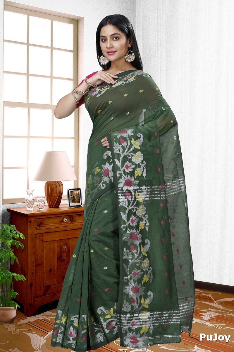 Botel Green Blended Cotton Nisa Hand Loom Saree (1371)