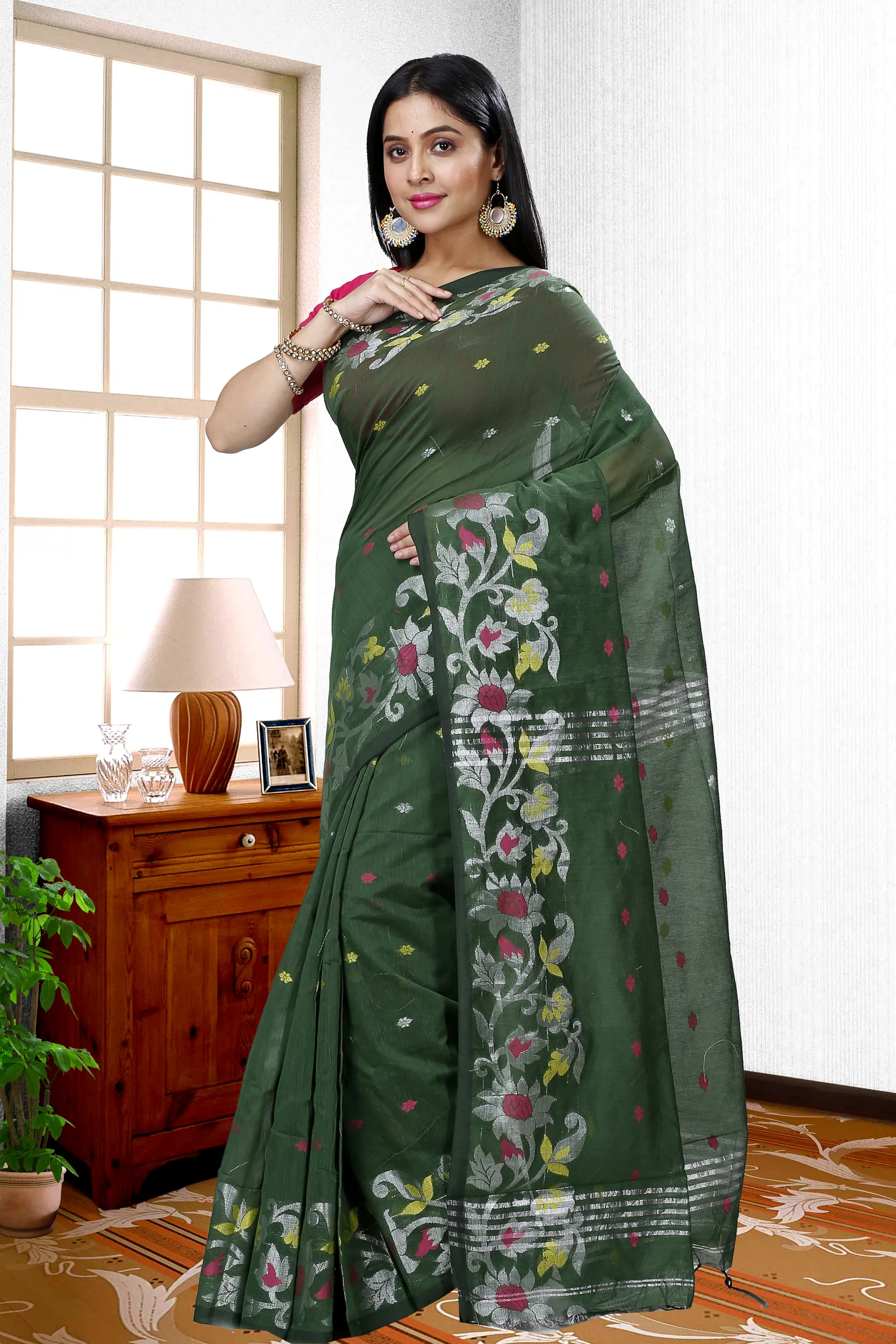 Botel Green Blended Cotton Nisa Hand Loom Saree (1371)