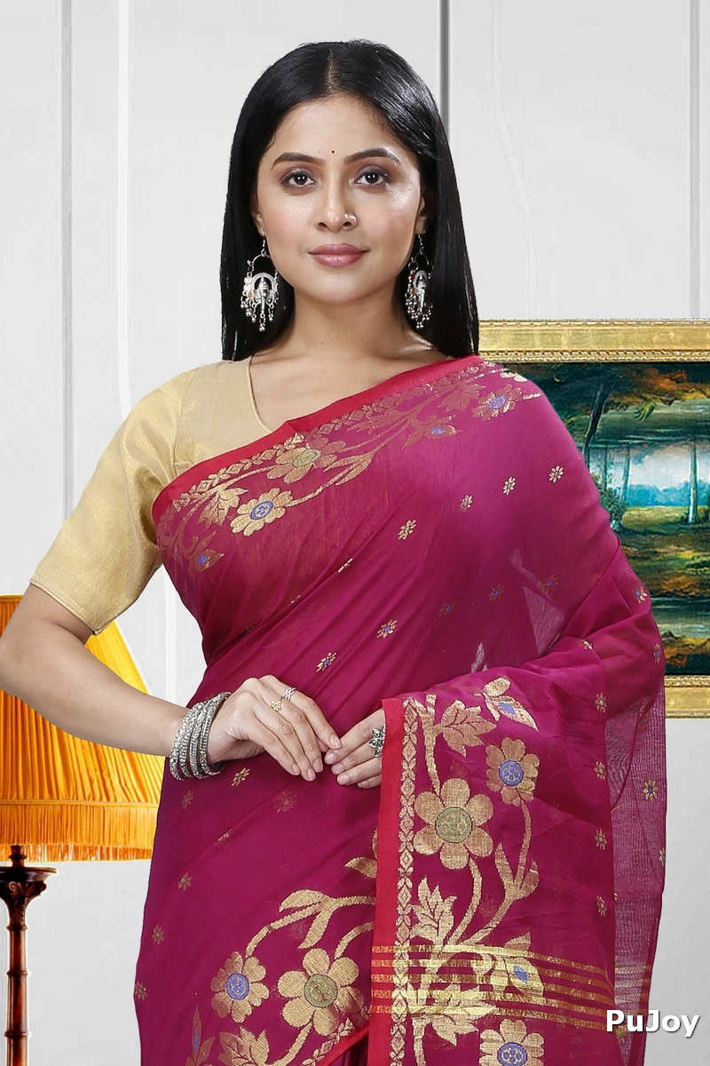 Purple Blended Cotton Neel Hand Loom Saree (1372)