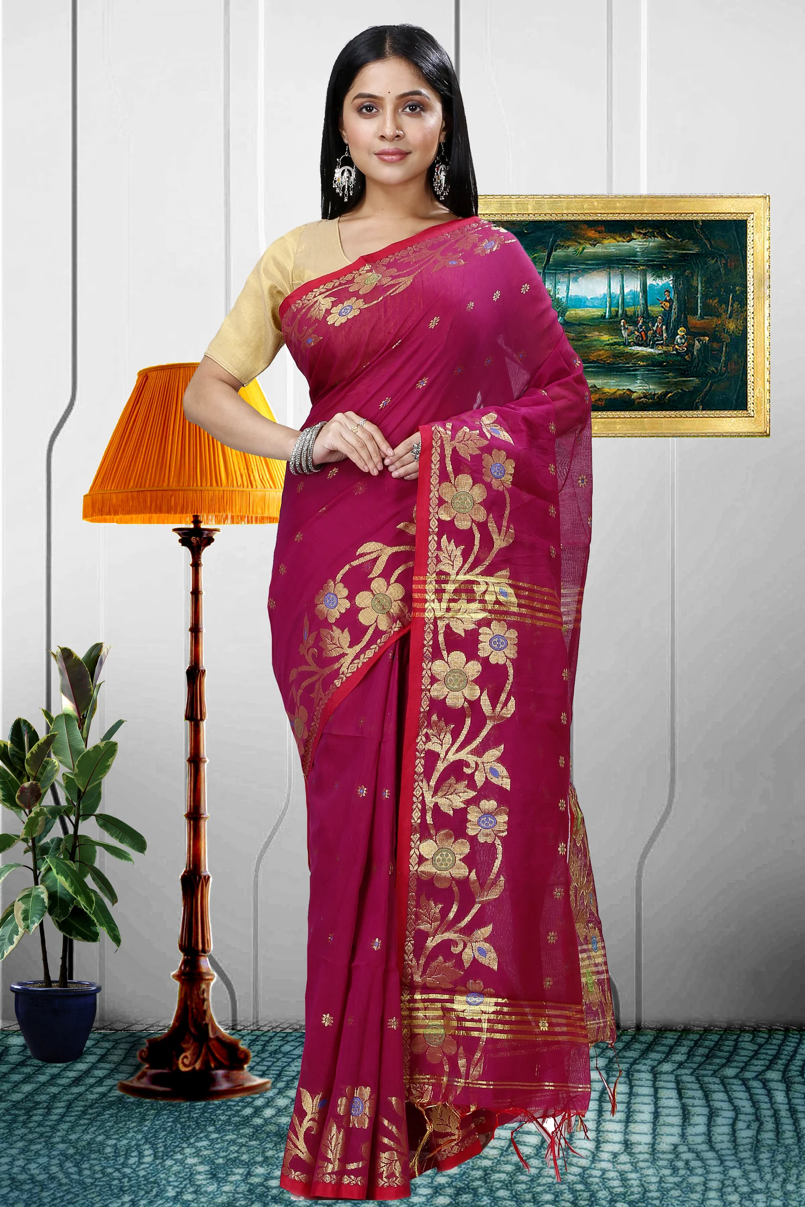 Purple Blended Cotton Neel Hand Loom Saree (1372)