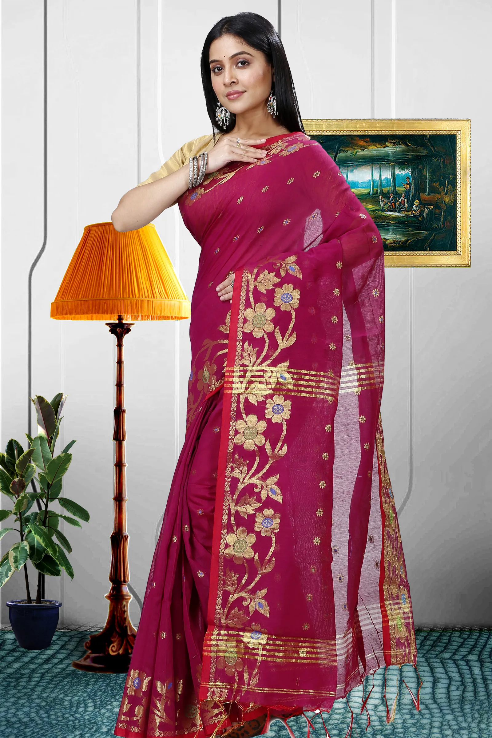 Purple Blended Cotton Neel Hand Loom Saree (1372)