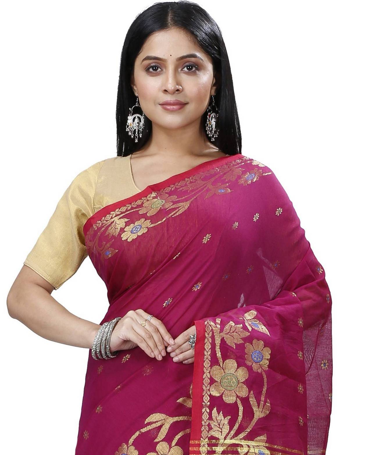 Purple Blended Cotton Neel Hand Loom Saree (1372)