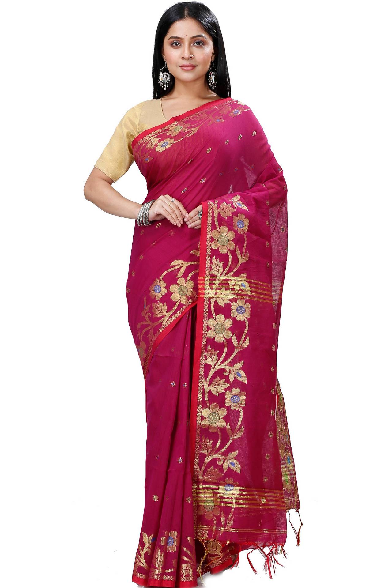 Purple Blended Cotton Neel Hand Loom Saree (1372)