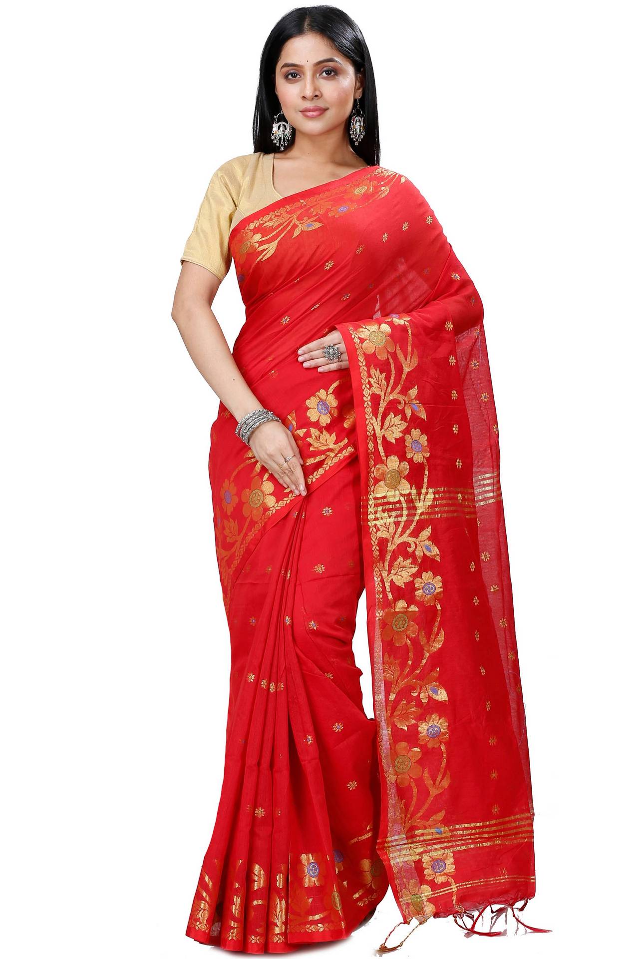Red Blended Cotton Neel Hand Loom Saree (1373)
