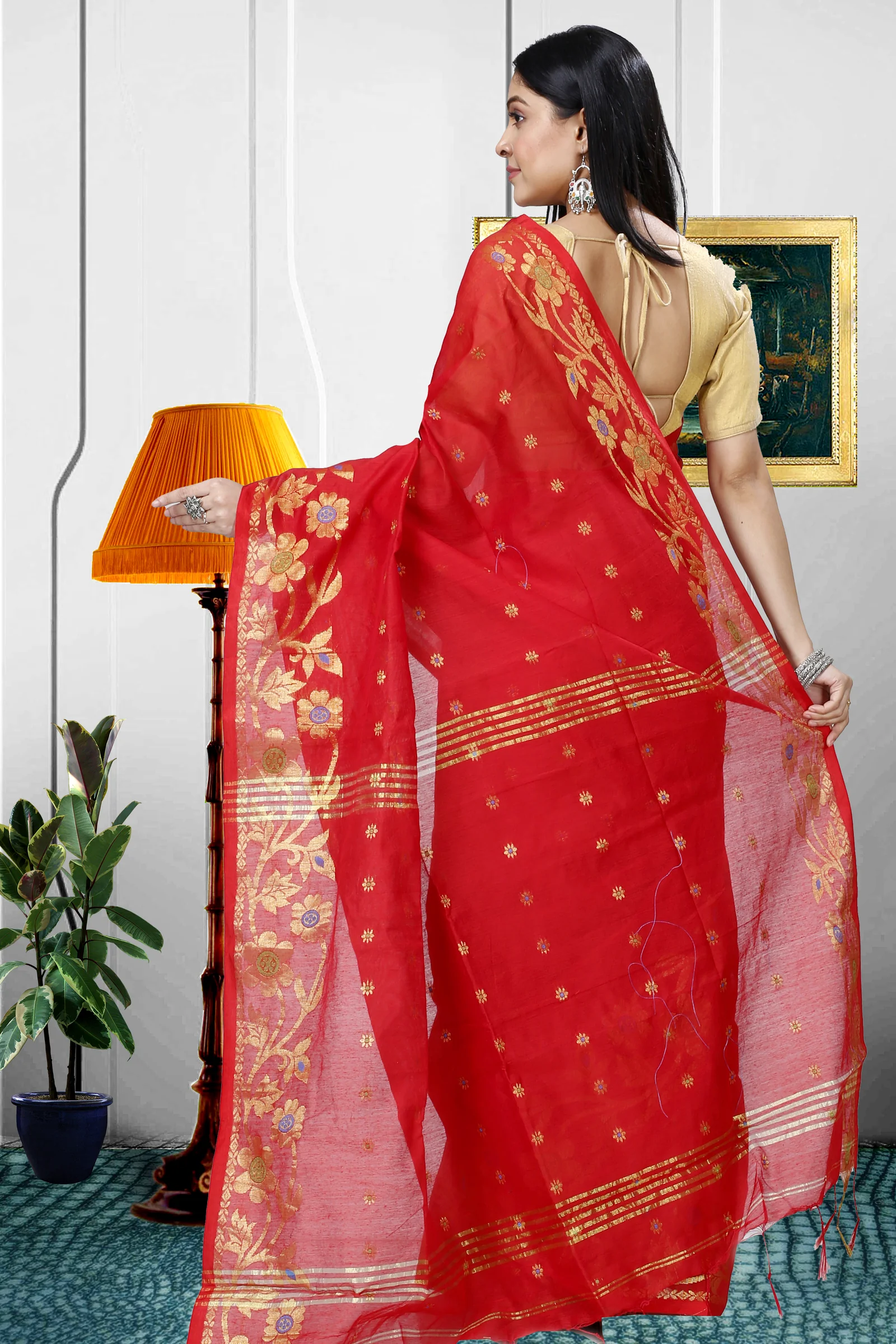Red Blended Cotton Neel Hand Loom Saree (1373)