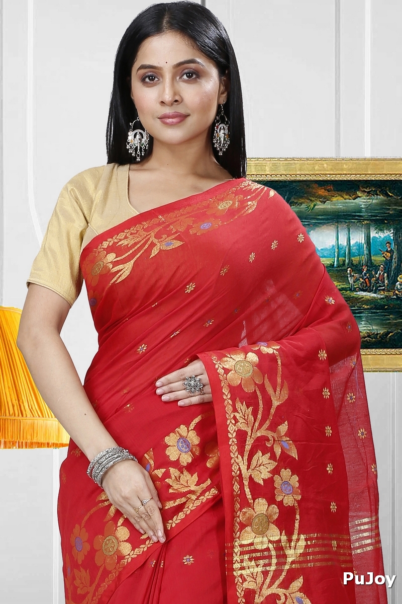 Red Blended Cotton Neel Hand Loom Saree (1373)