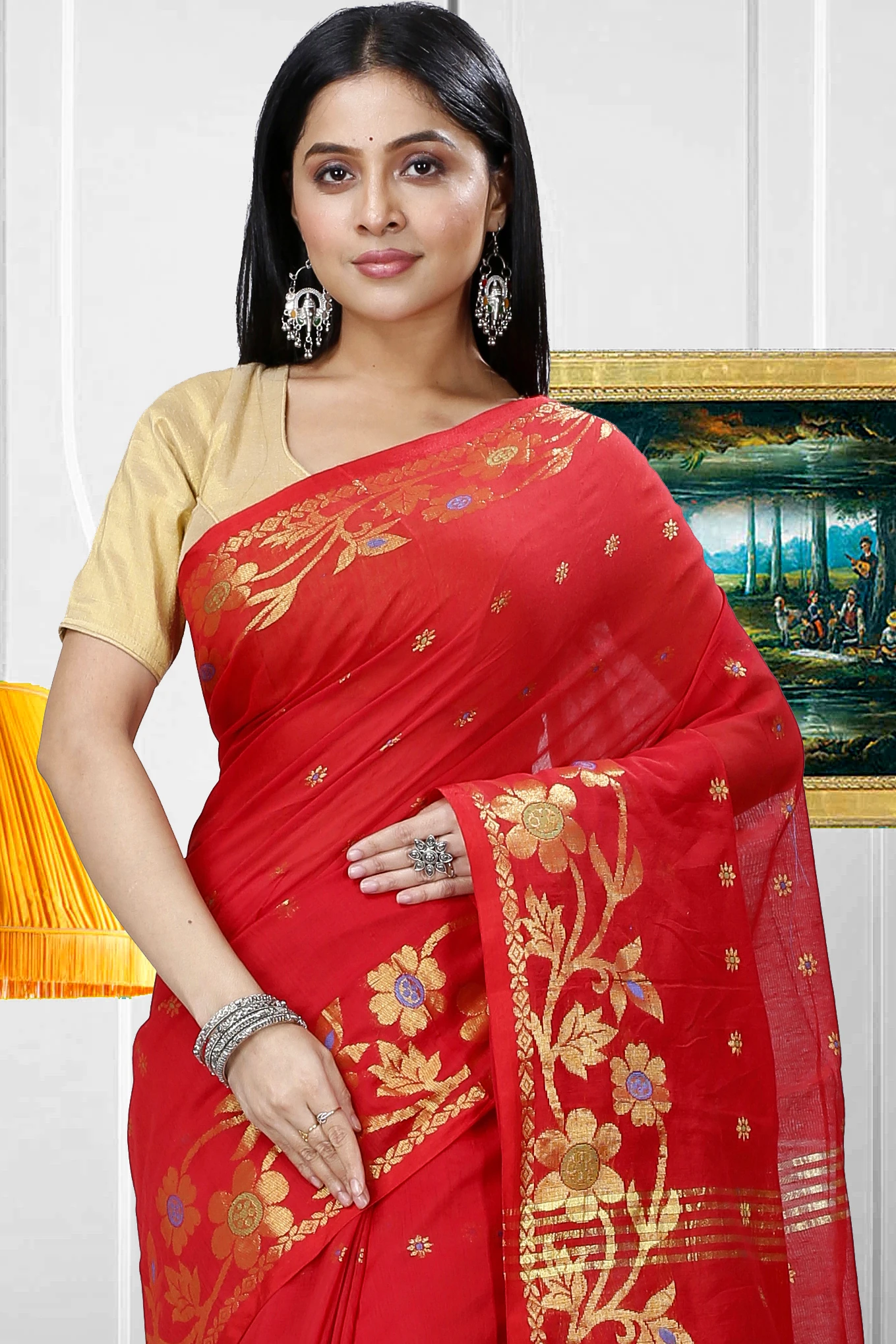 Red Blended Cotton Neel Hand Loom Saree (1373)