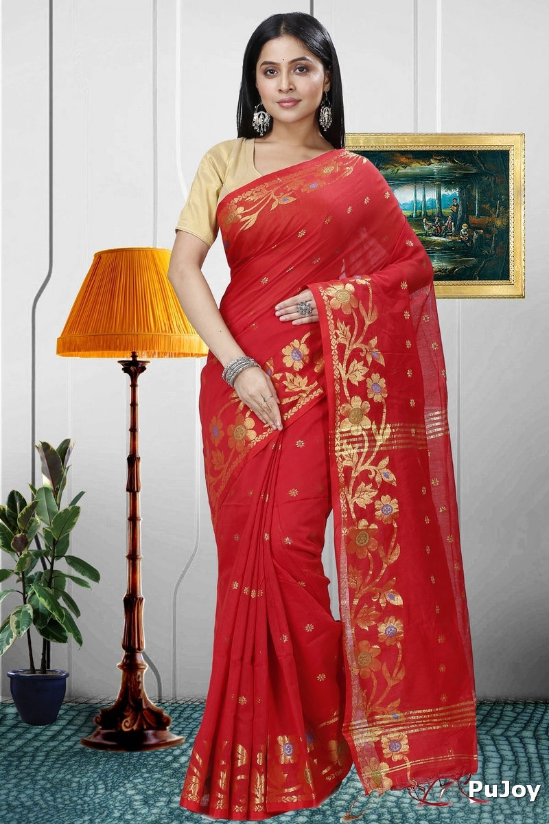 Red Blended Cotton Neel Hand Loom Saree (1373)