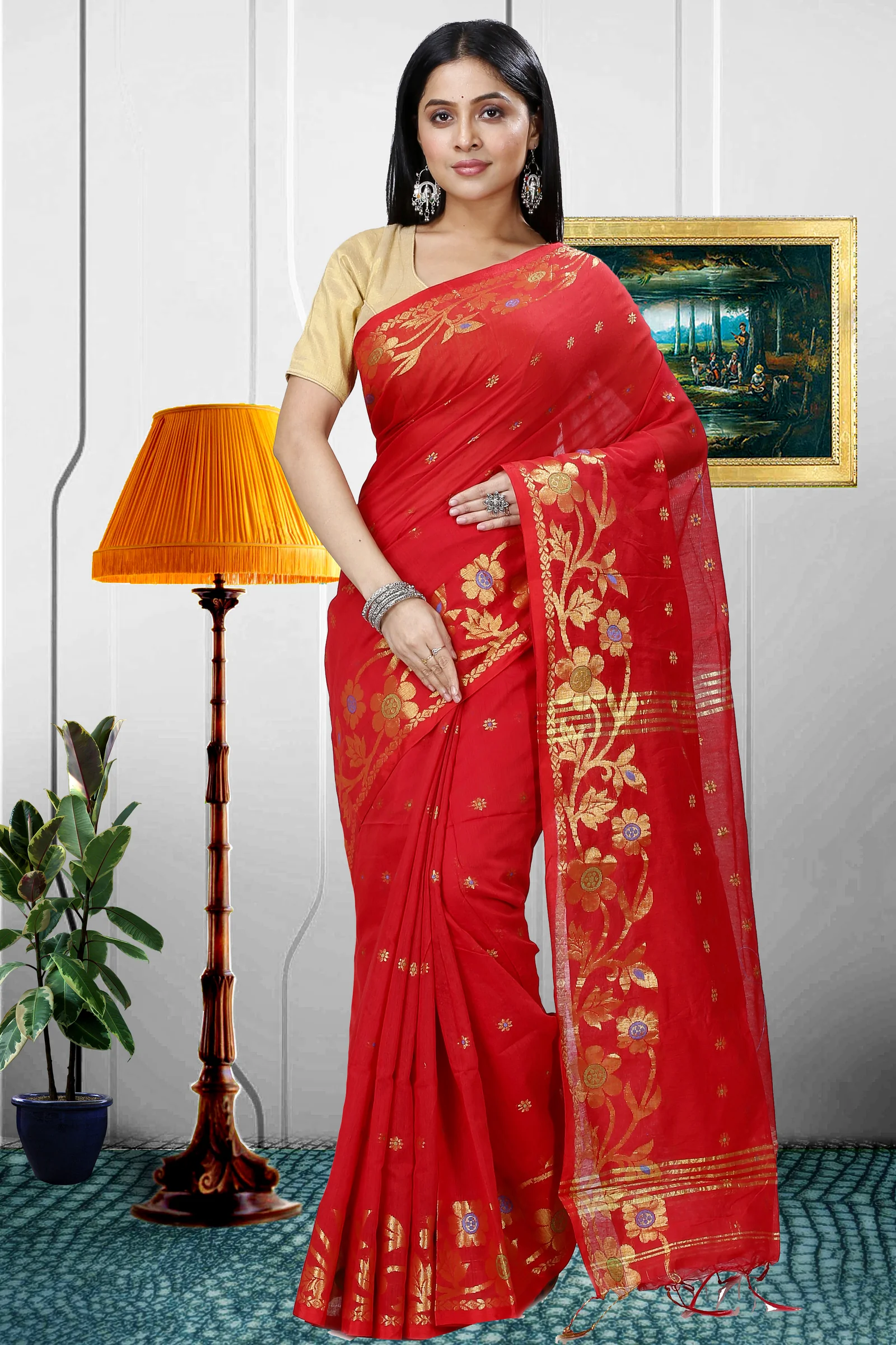 Red Blended Cotton Neel Hand Loom Saree (1373)
