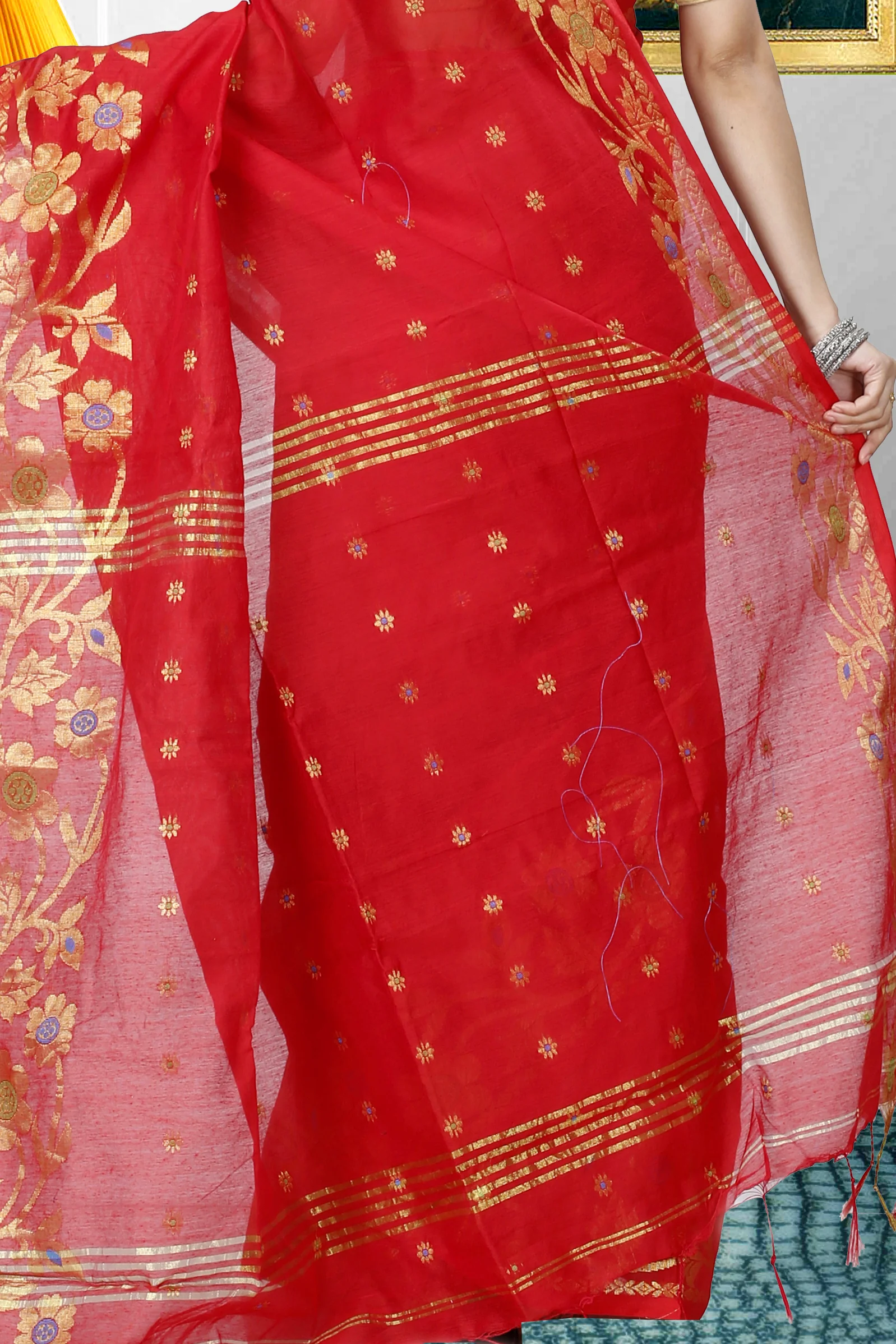 Red Blended Cotton Neel Hand Loom Saree (1373)