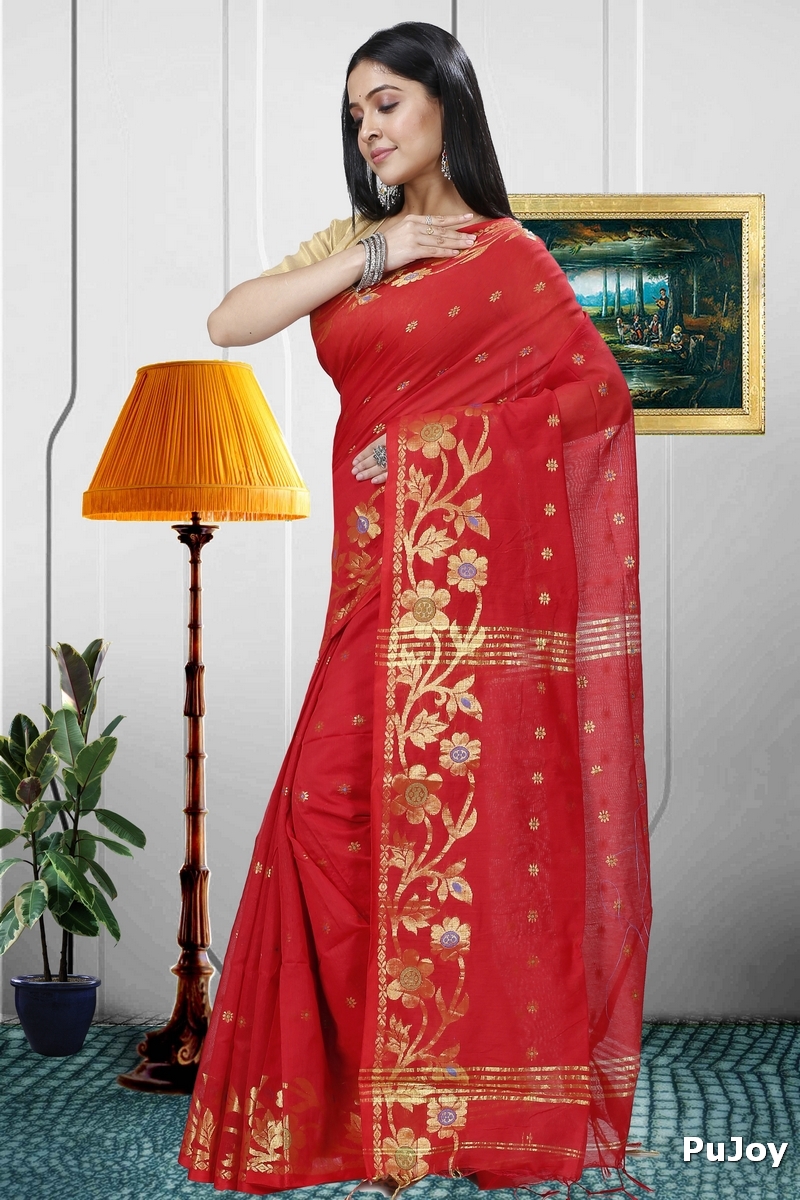 Red Blended Cotton Neel Hand Loom Saree (1373)