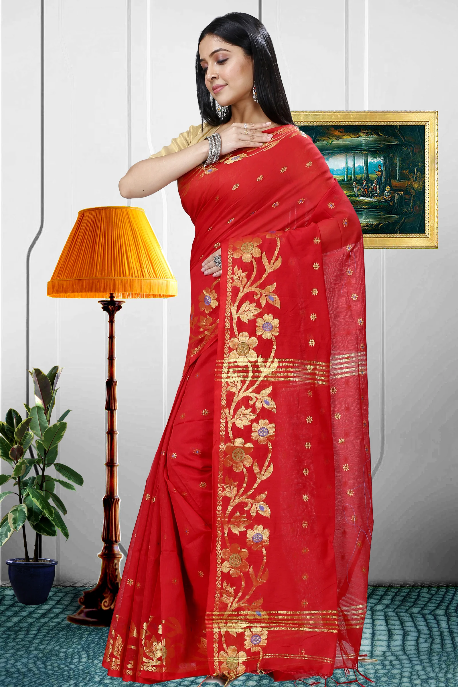 Red Blended Cotton Neel Hand Loom Saree (1373)