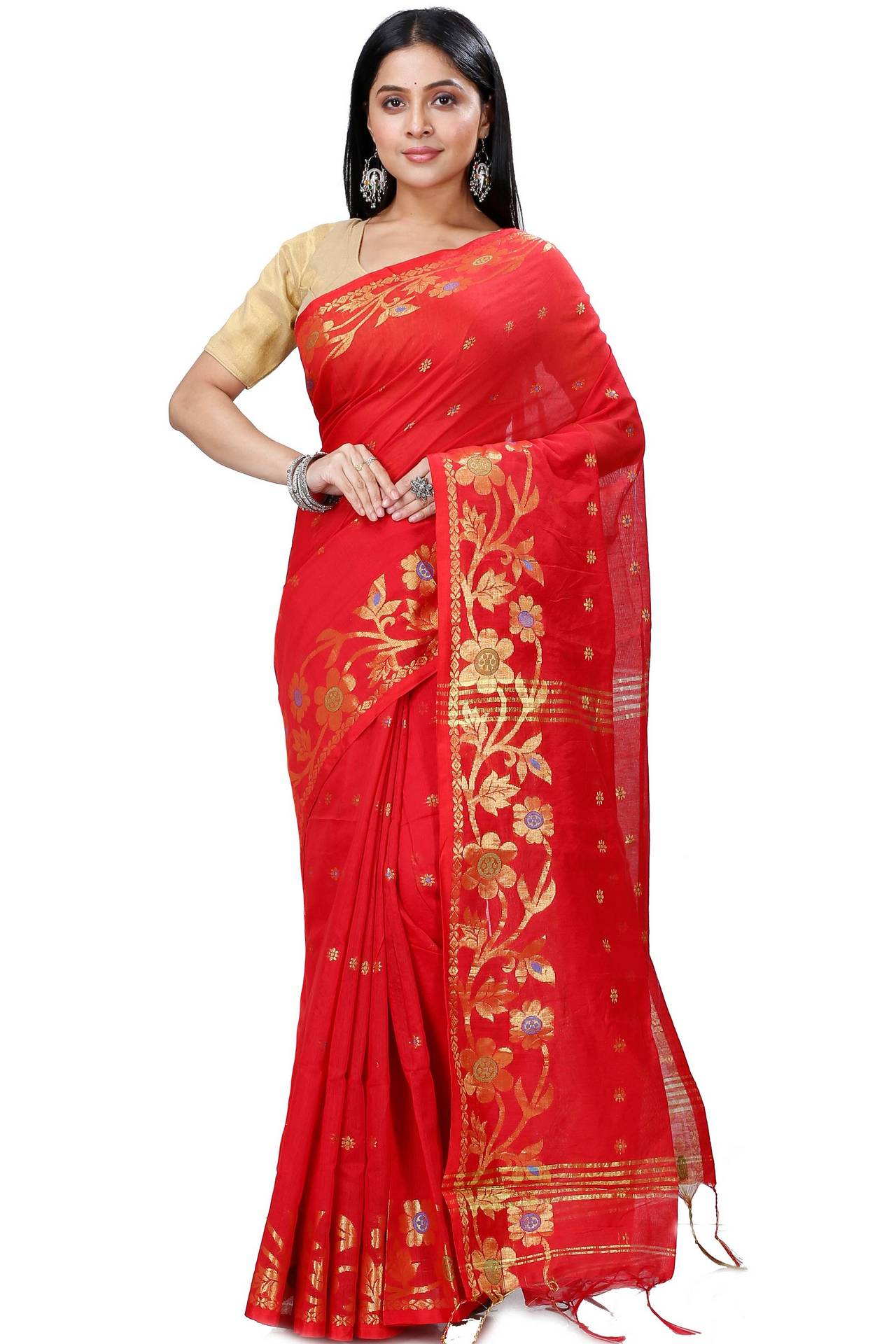 Red Blended Cotton Neel Hand Loom Saree (1373)