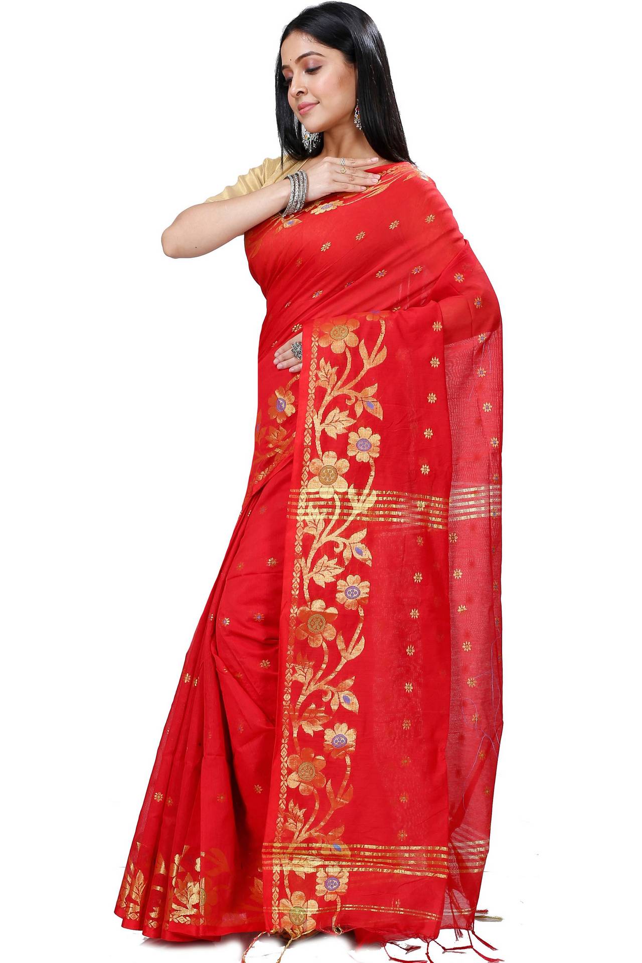 Red Blended Cotton Neel Hand Loom Saree (1373)