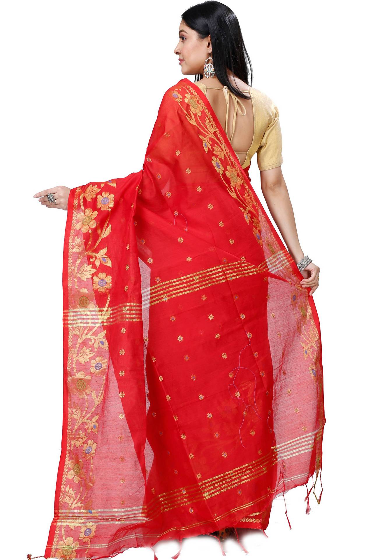 Red Blended Cotton Neel Hand Loom Saree (1373)