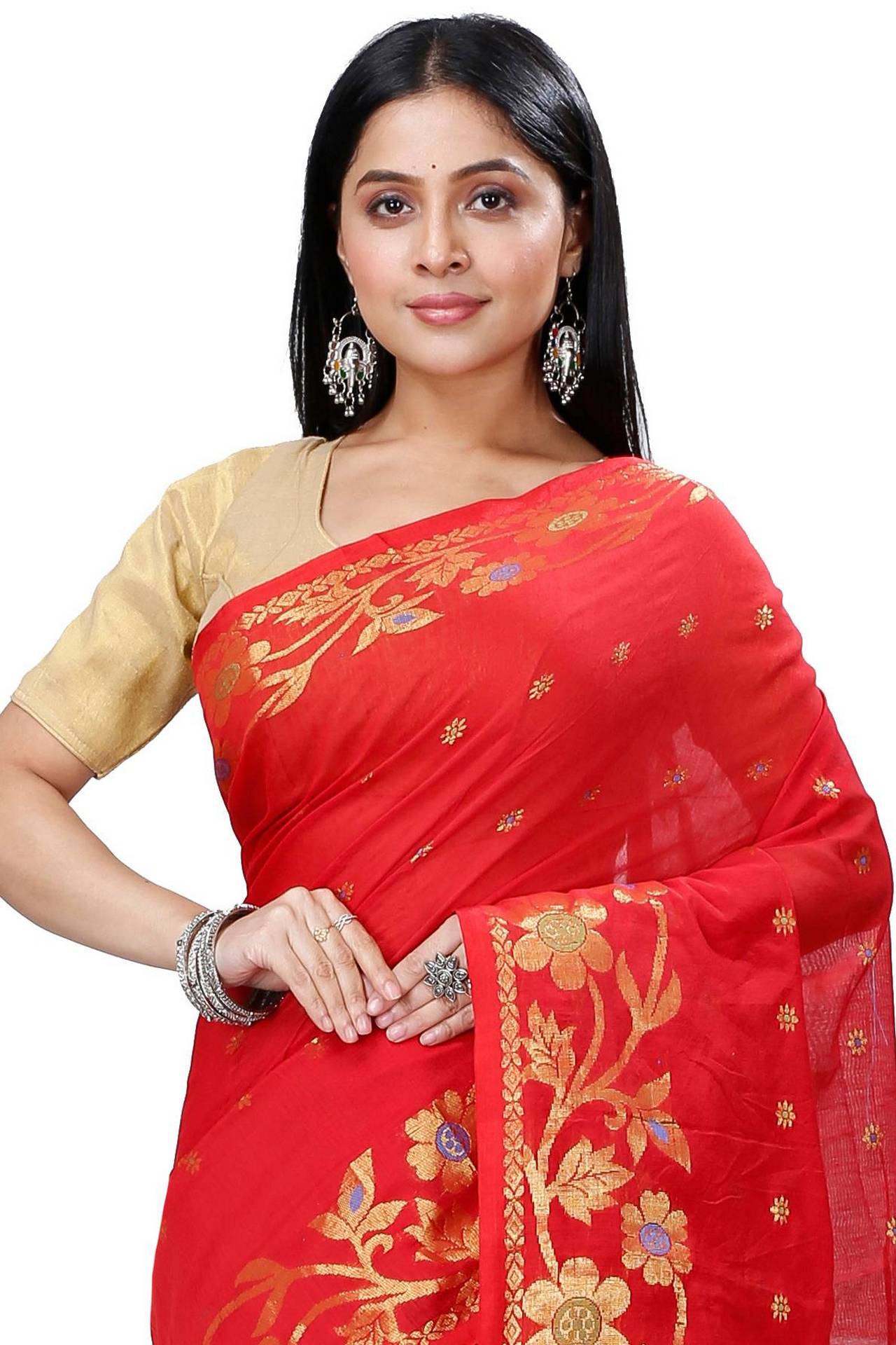 Red Blended Cotton Neel Hand Loom Saree (1373)