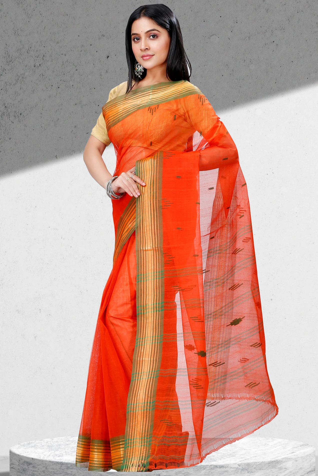 Orange Pure Cotton Naman Tant Saree (1378)