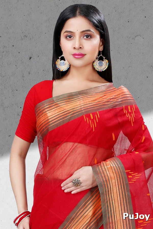 Red Pure Cotton Naman Tant Saree (1380)