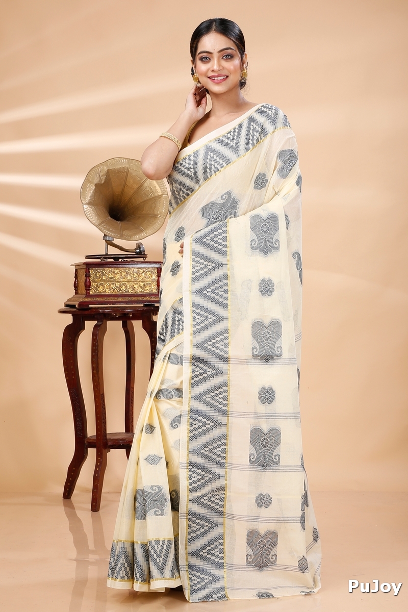 White Black Pure Cotton Gargi Tant Saree (1383)