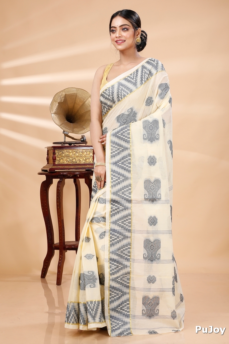 White Black Pure Cotton Gargi Tant Saree (1383)