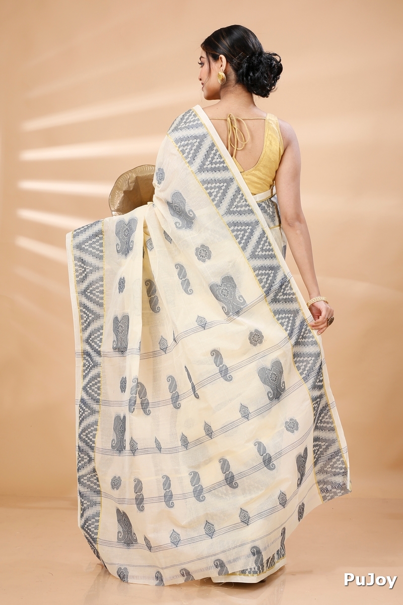 White Black Pure Cotton Gargi Tant Saree (1383)