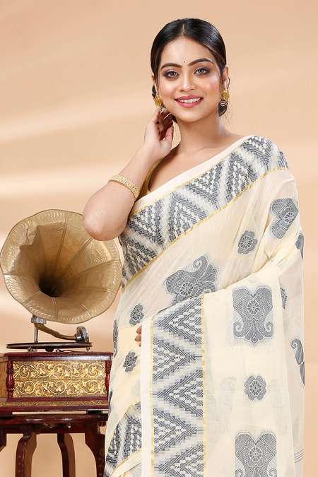 White Black Pure Cotton Gargi Tant Saree (1383)