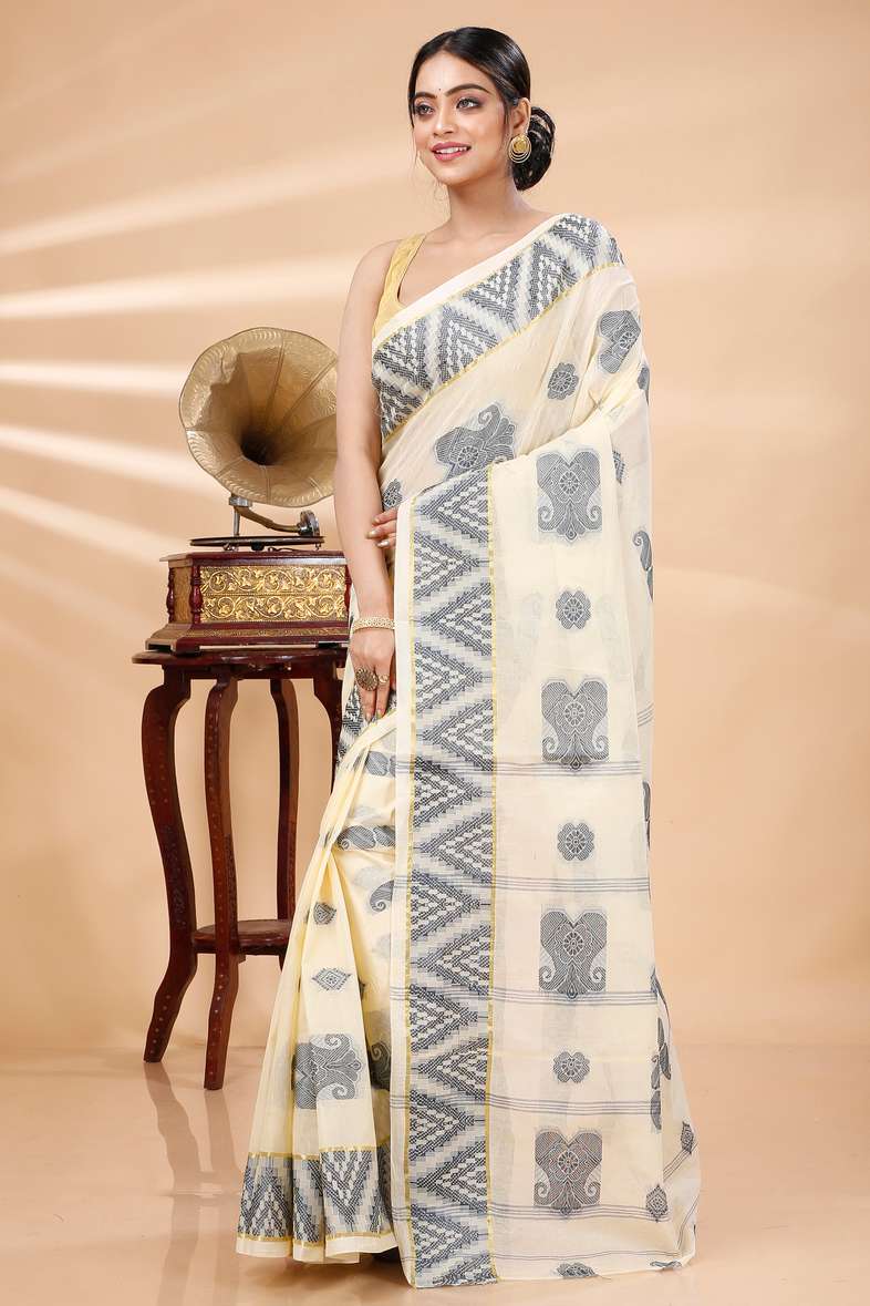White Black Pure Cotton Gargi Tant Saree (1383)