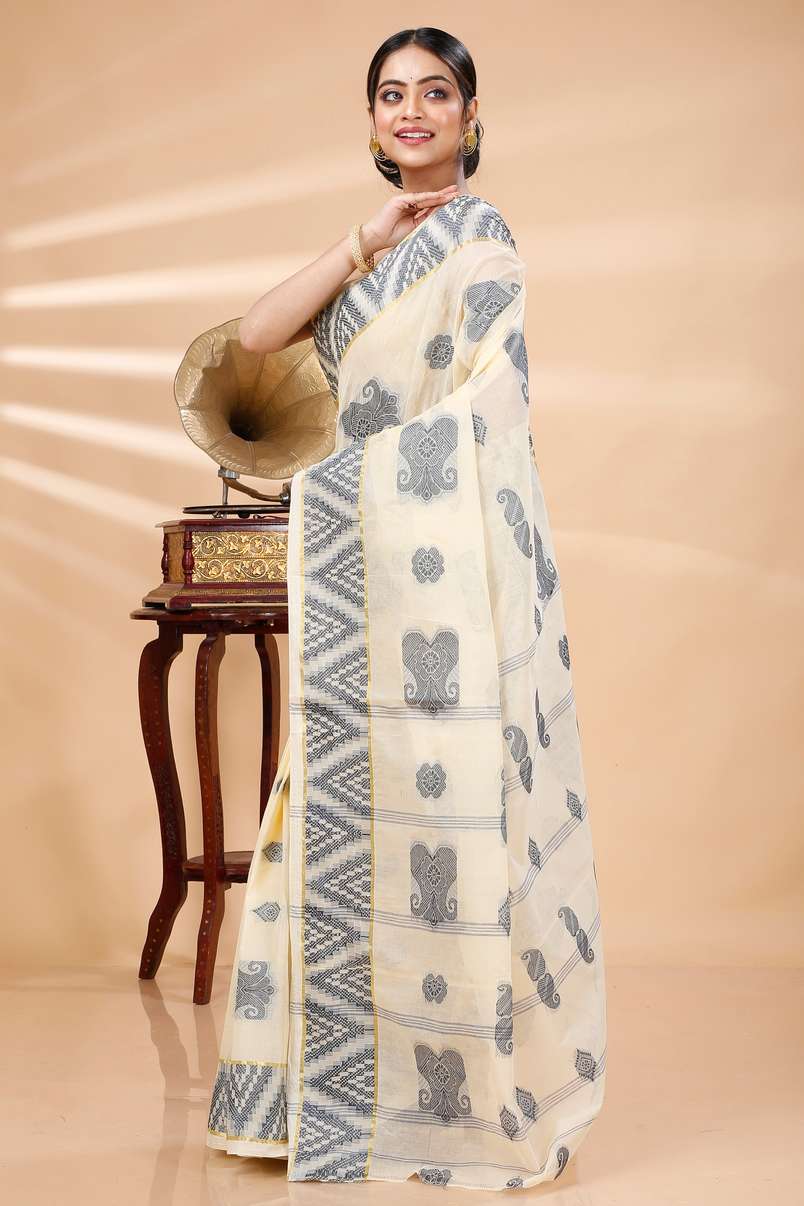 White Black Pure Cotton Gargi Tant Saree (1383)