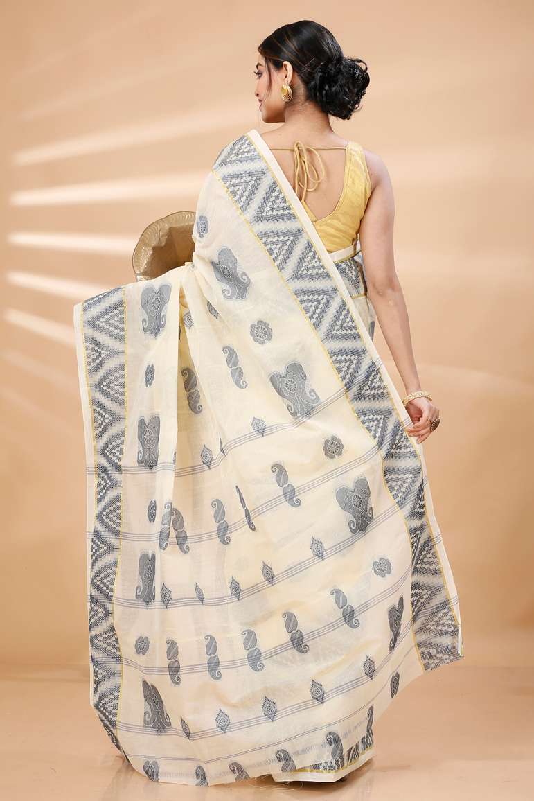 White Black Pure Cotton Gargi Tant Saree (1383)