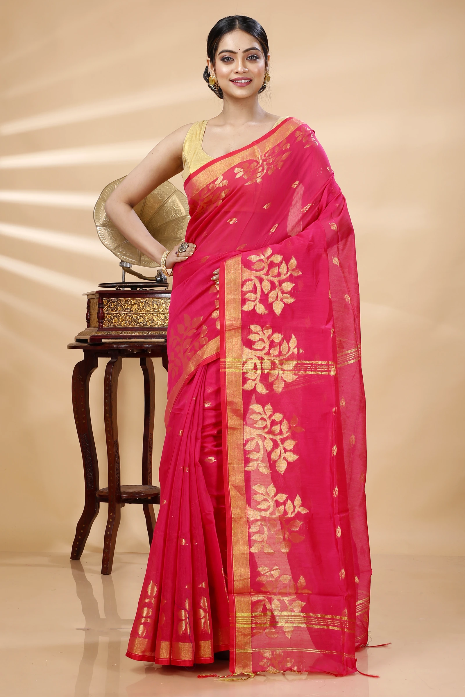 Pink Blended Cotton Tina Hand Loom Saree (1384)
