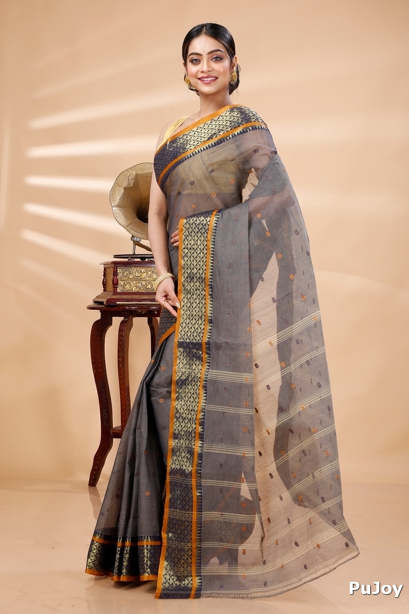 Grey Pure Cotton Peral Tant Saree (1385)