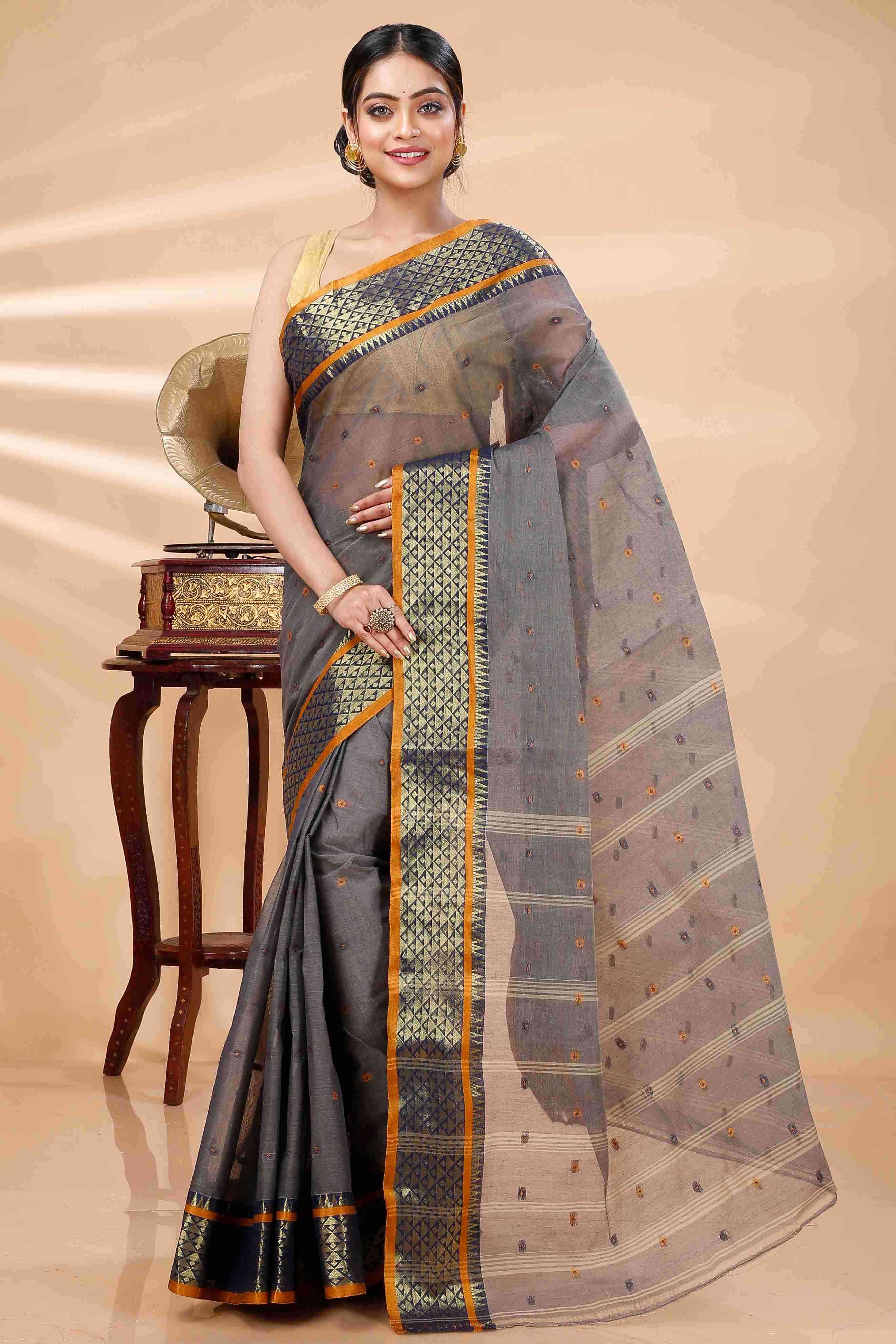 Grey Pure Cotton Peral Tant Saree (1385)