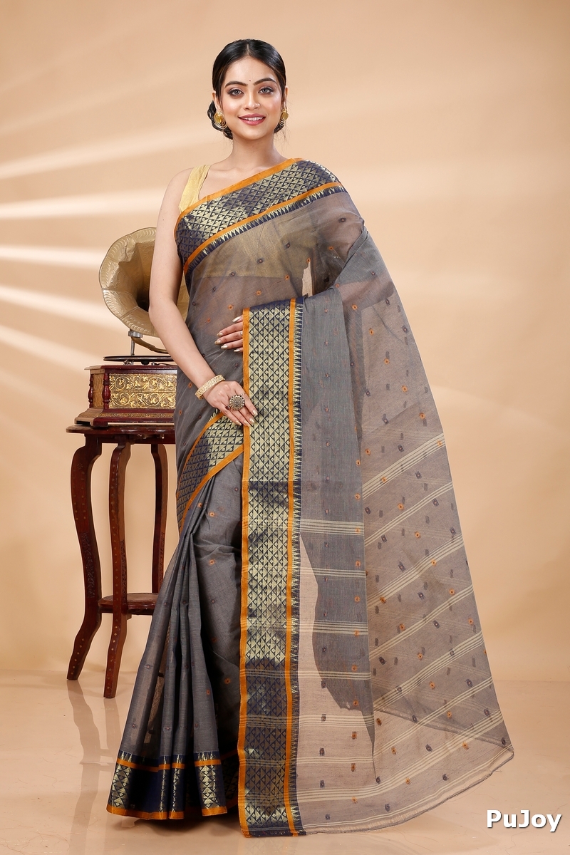 Grey Pure Cotton Peral Tant Saree (1385)