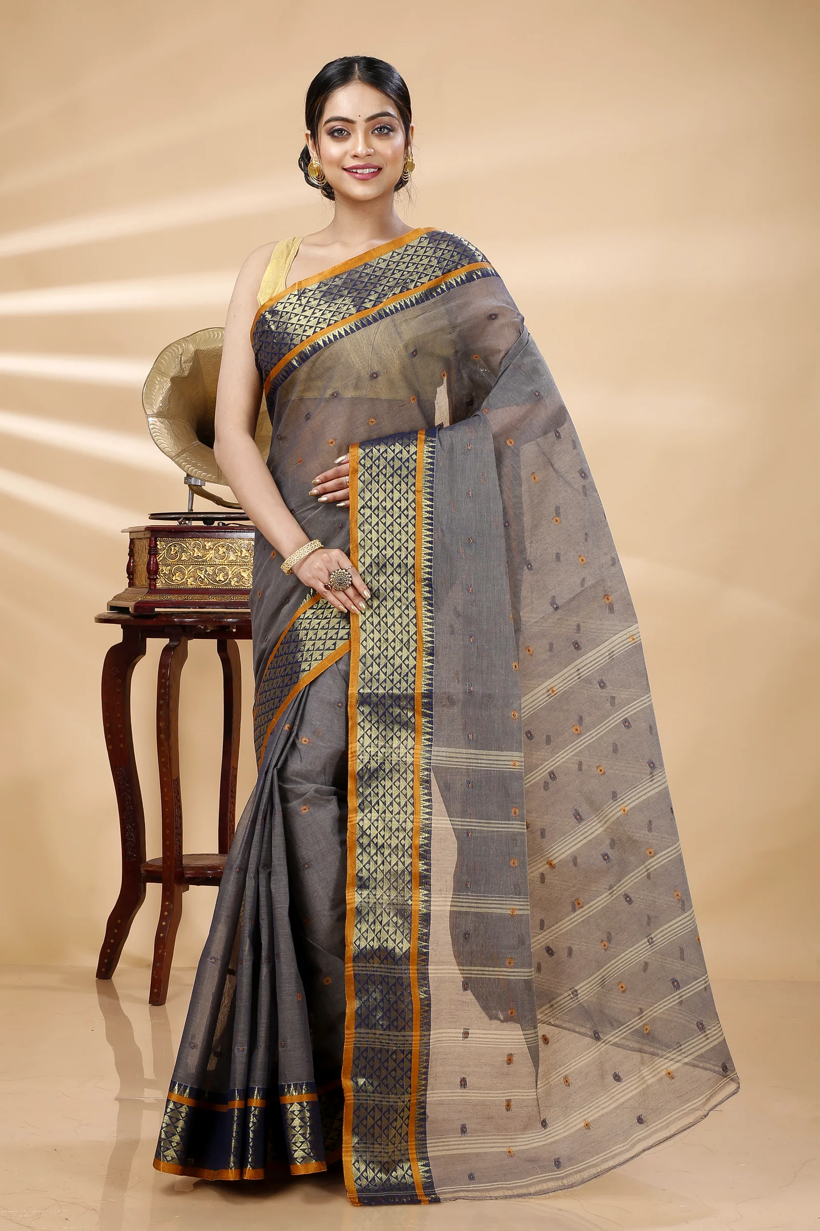 Grey Pure Cotton Peral Tant Saree (1385)