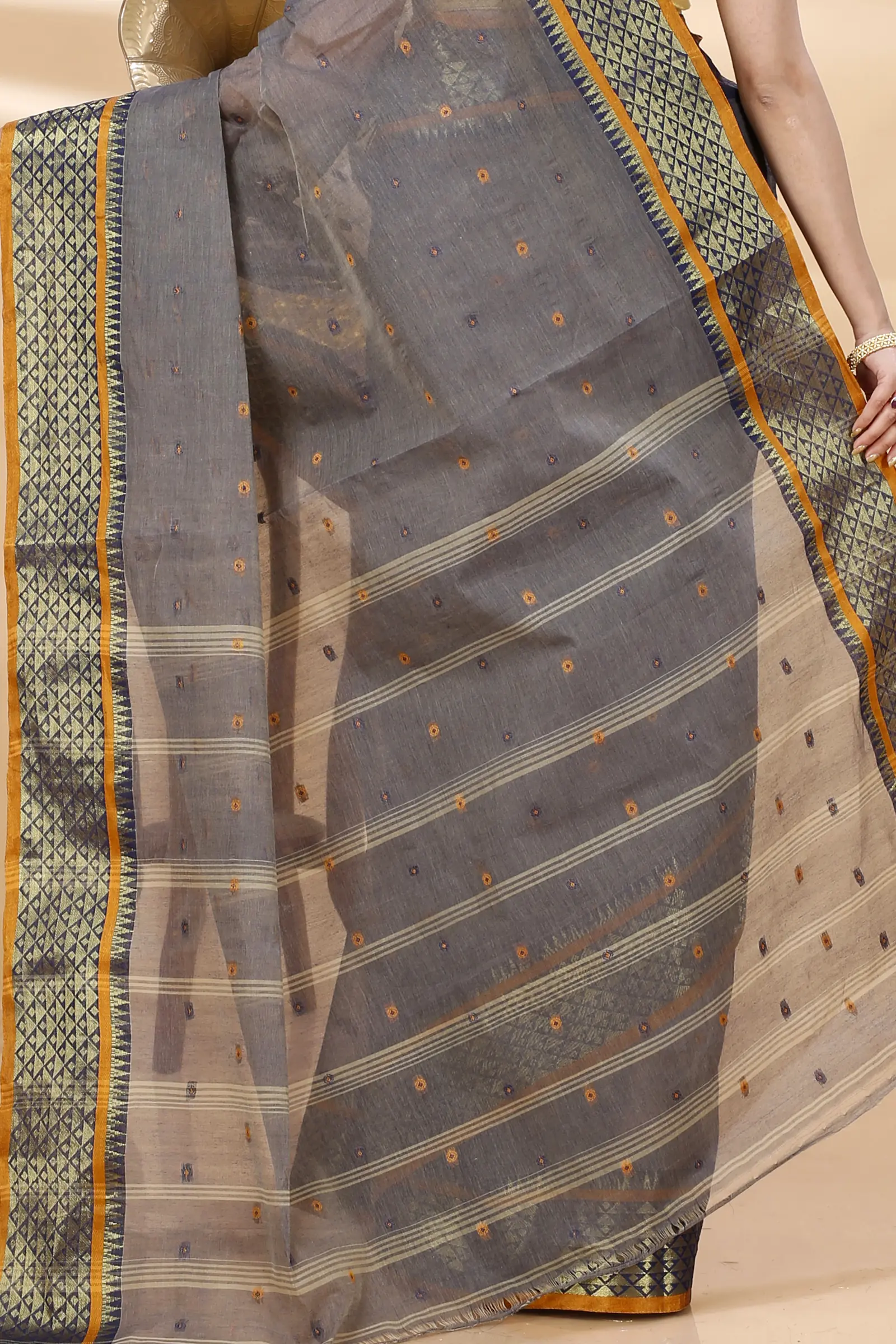 Grey Pure Cotton Peral Tant Saree (1385)