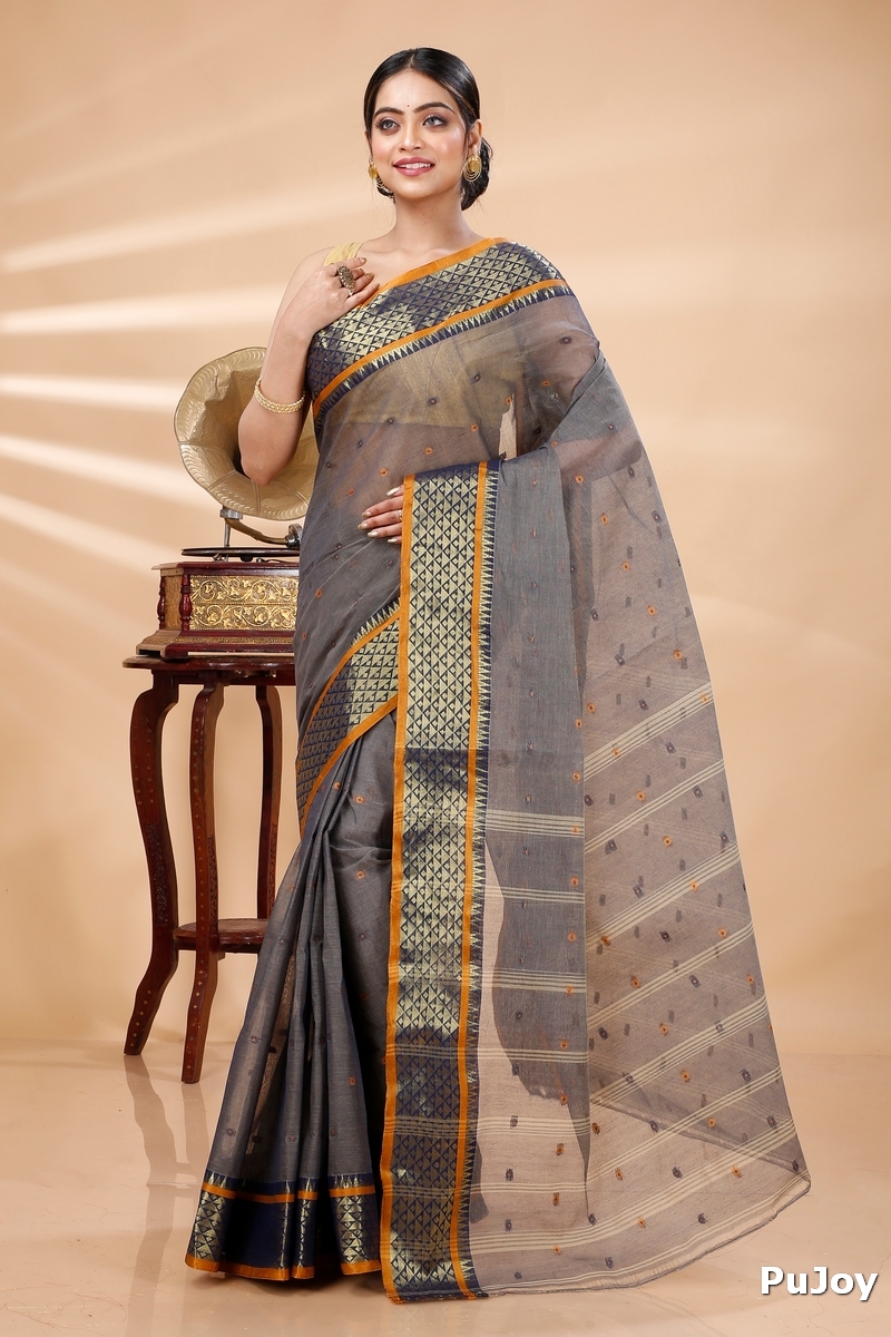 Grey Pure Cotton Peral Tant Saree (1385)