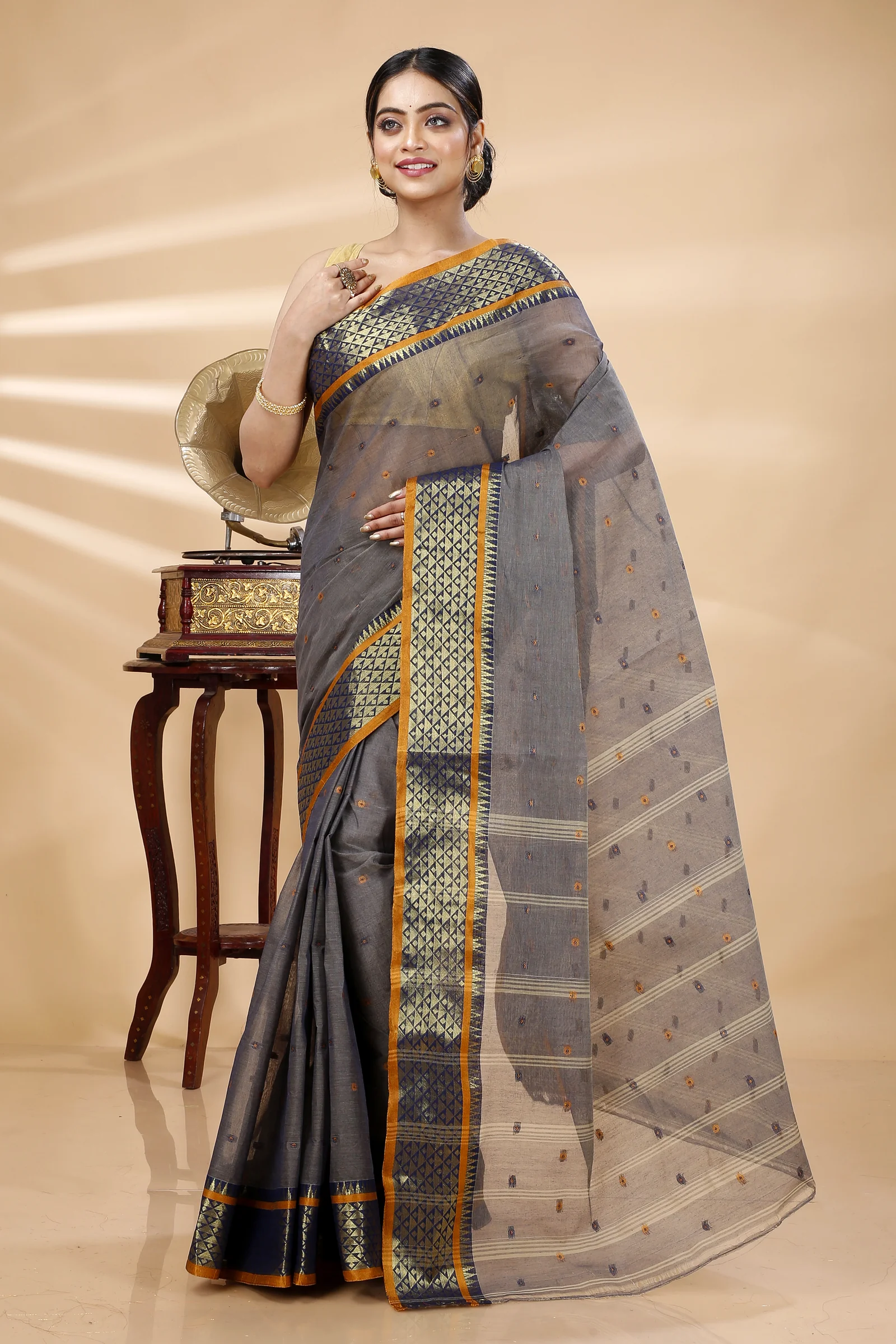 Grey Pure Cotton Peral Tant Saree (1385)