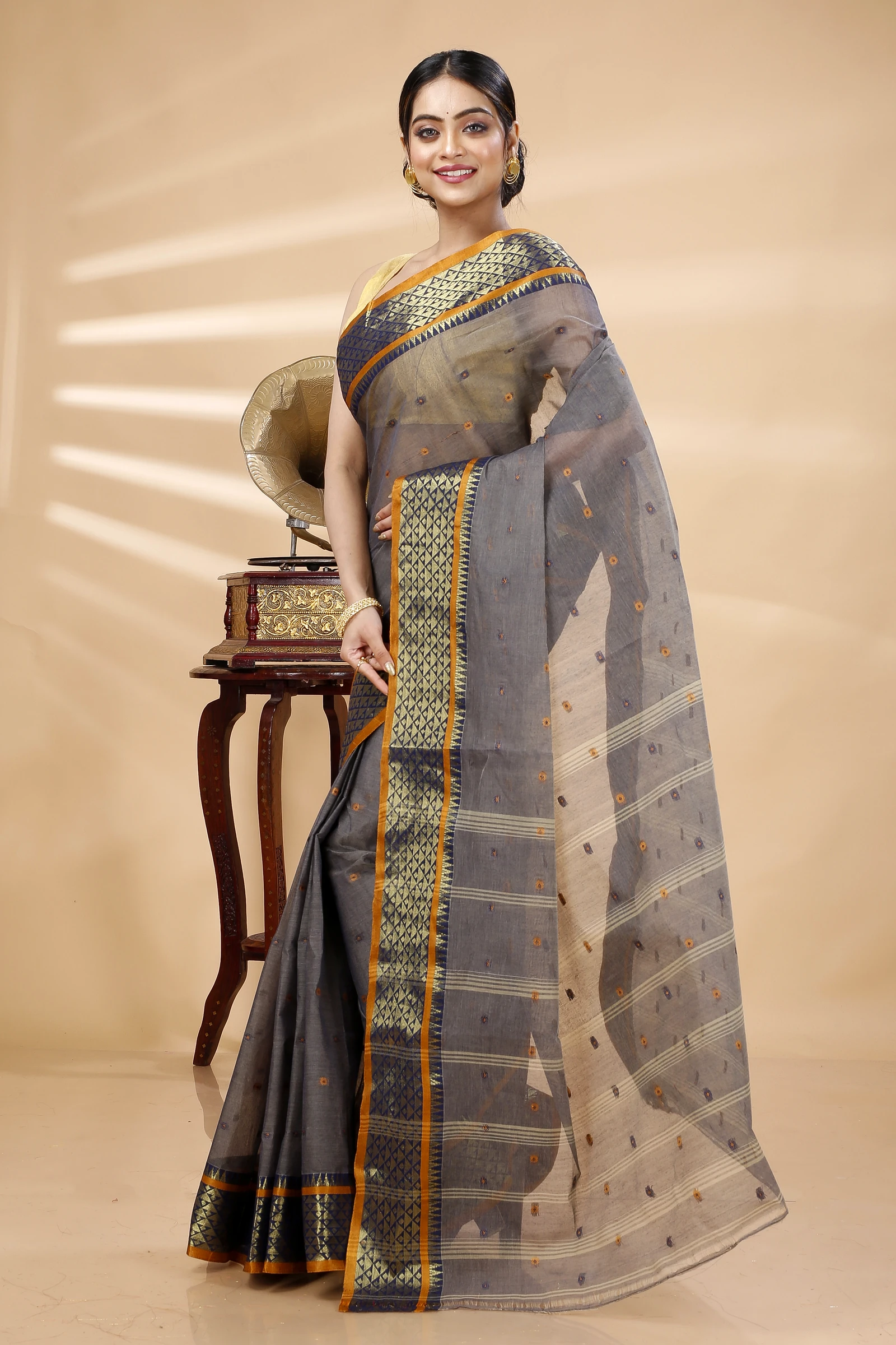 Grey Pure Cotton Peral Tant Saree (1385)