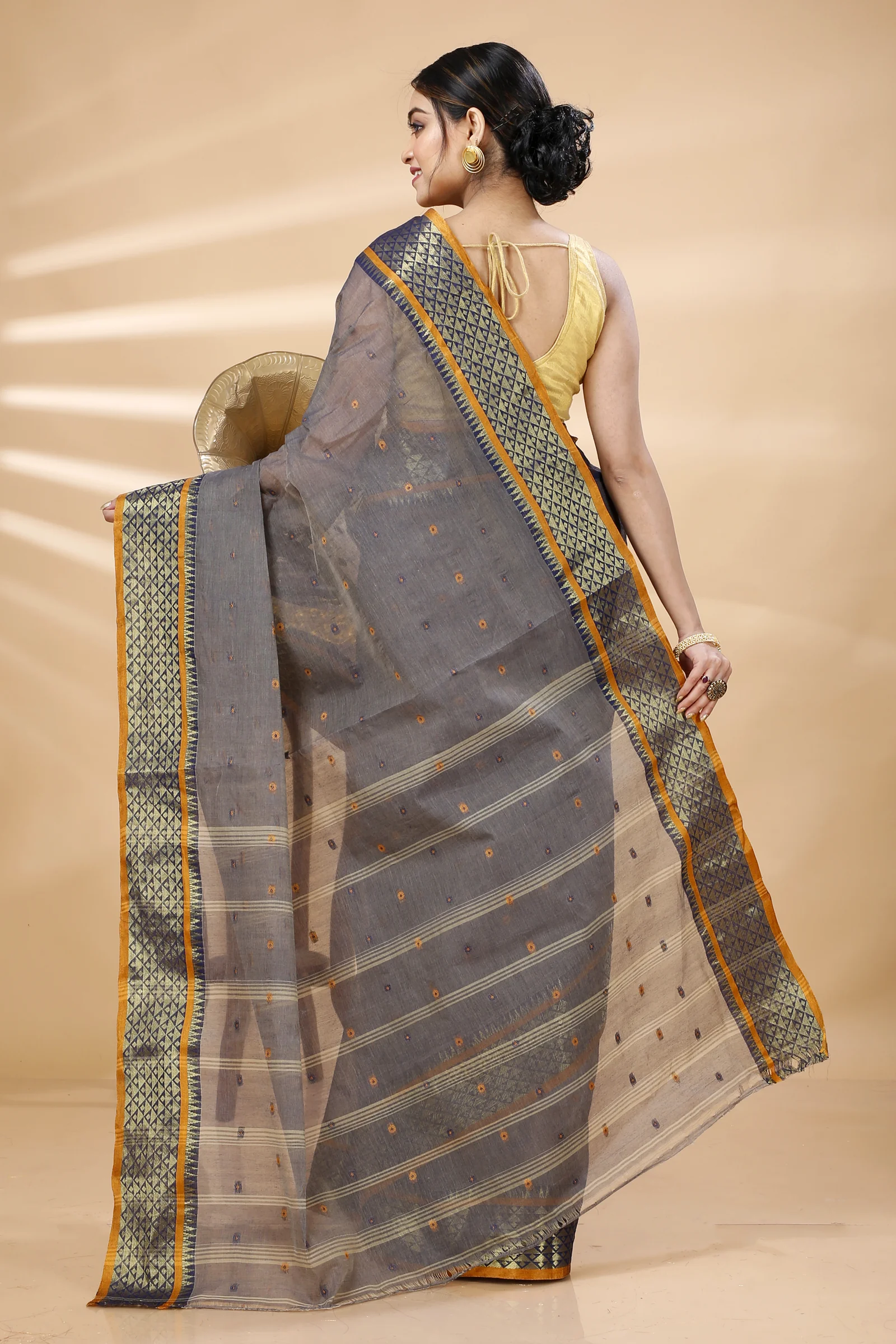 Grey Pure Cotton Peral Tant Saree (1385)