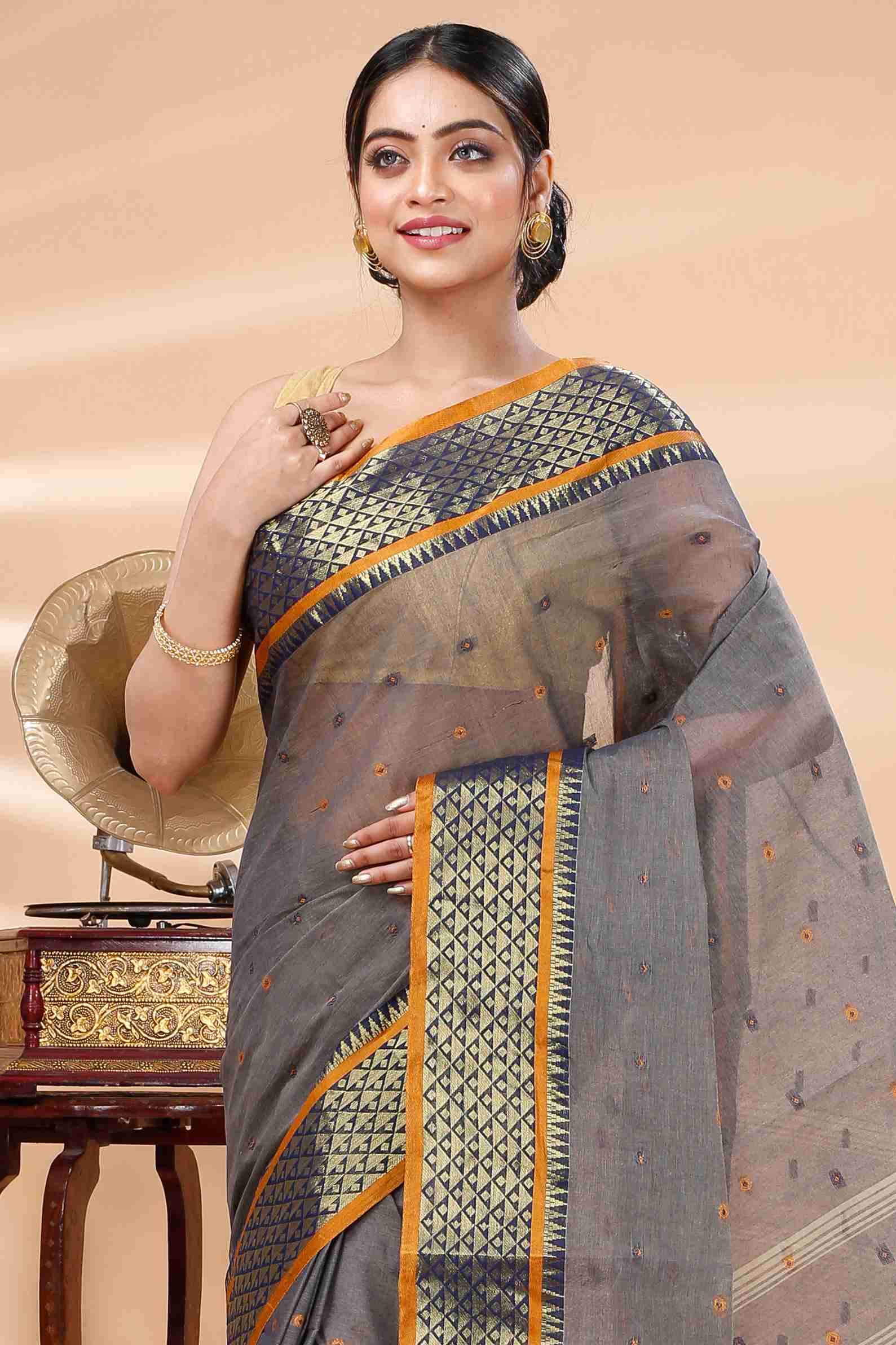 Grey Pure Cotton Peral Tant Saree (1385)
