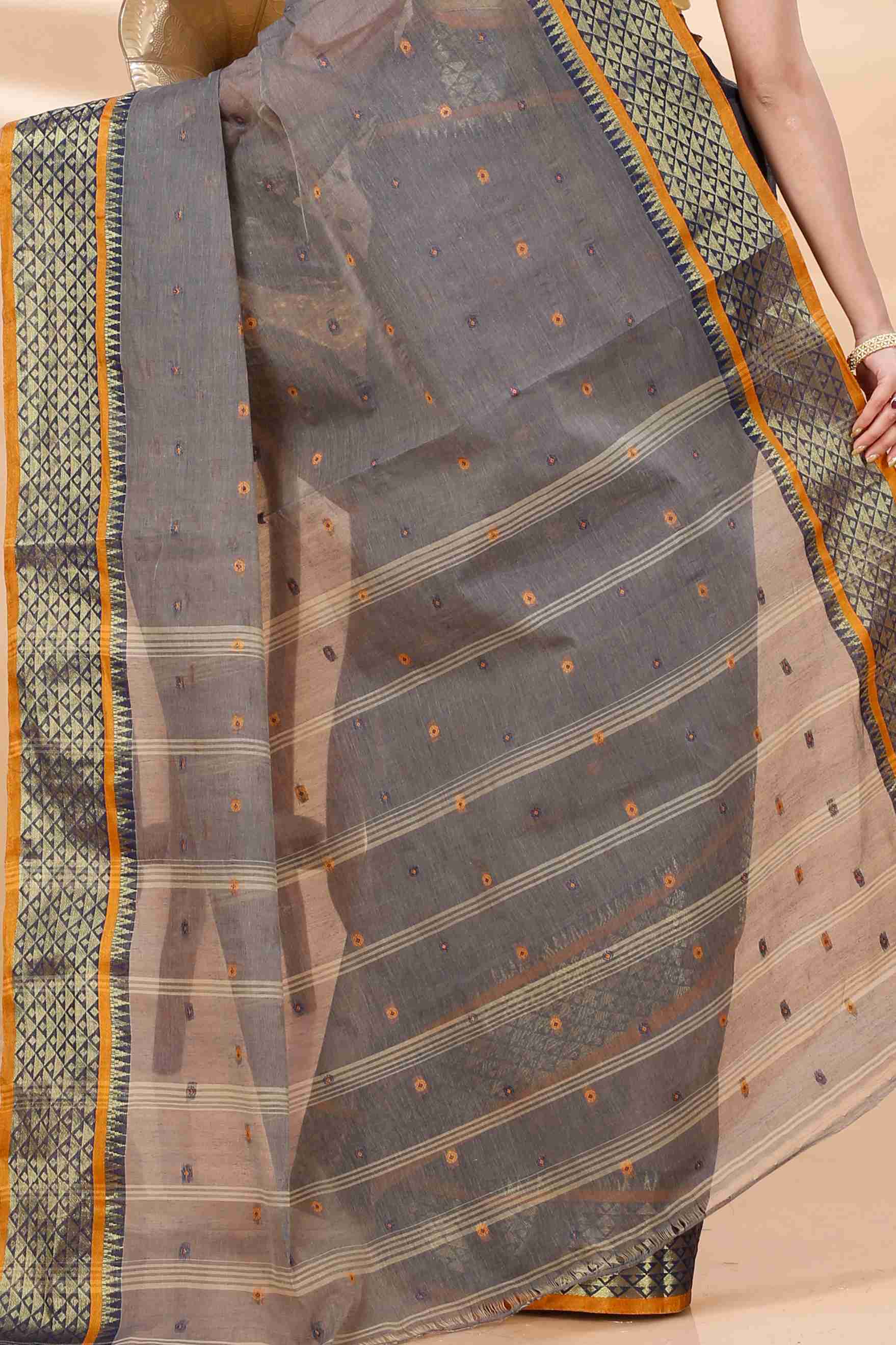 Grey Pure Cotton Peral Tant Saree (1385)